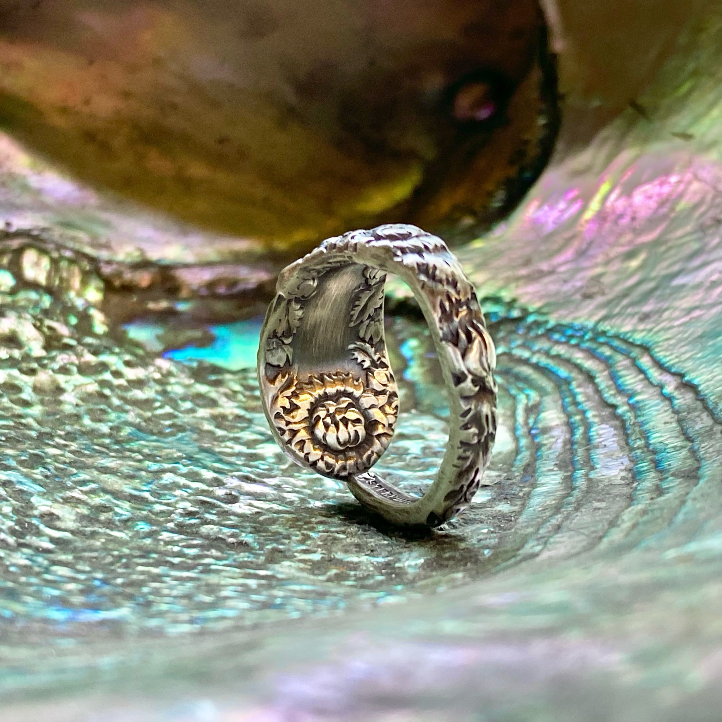 1893 Chrysanthemum Sterling Spoon Ring - LadyForge Jewelry