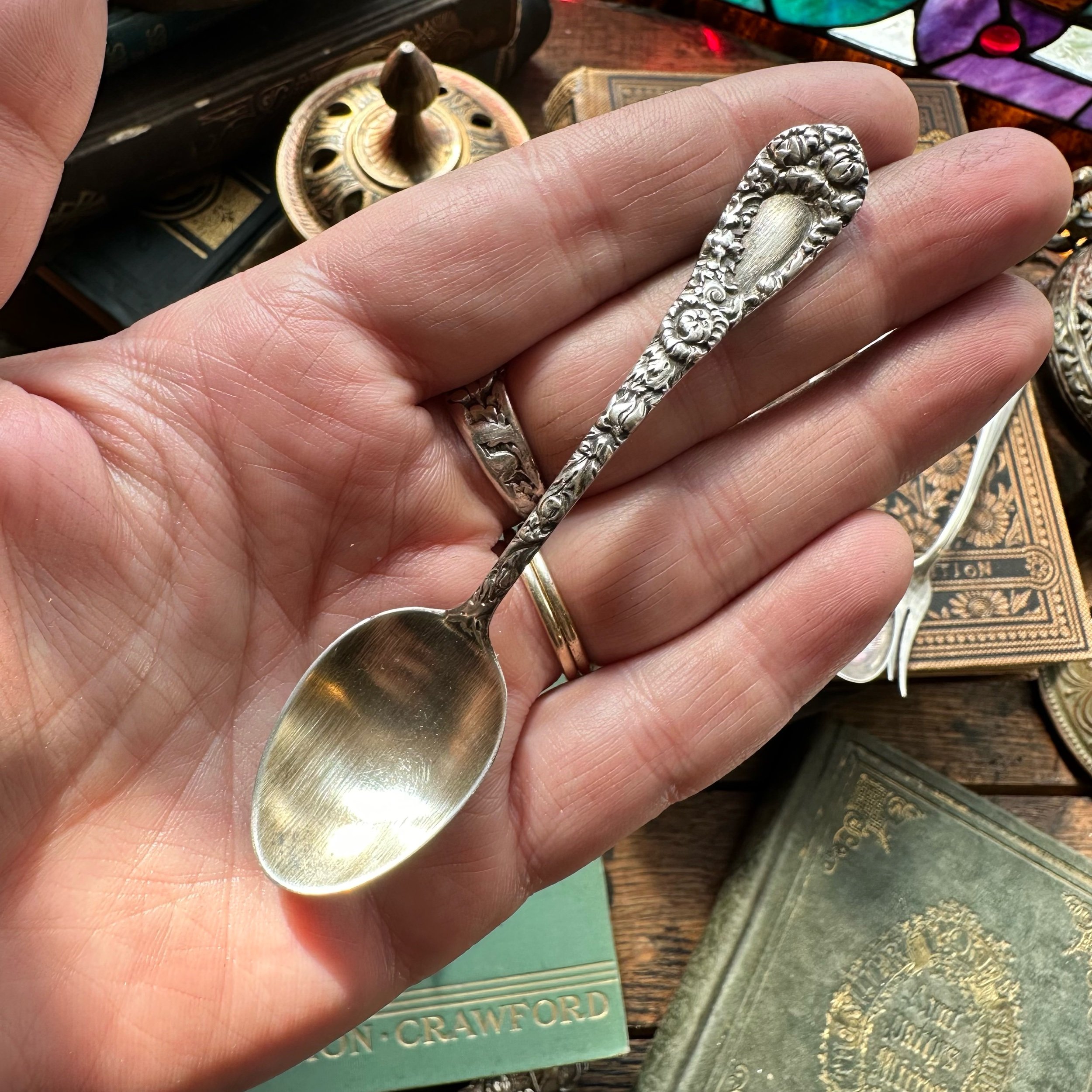 1893 Chrysanthemum Sterling Spoon Ring - LadyForge Jewelry