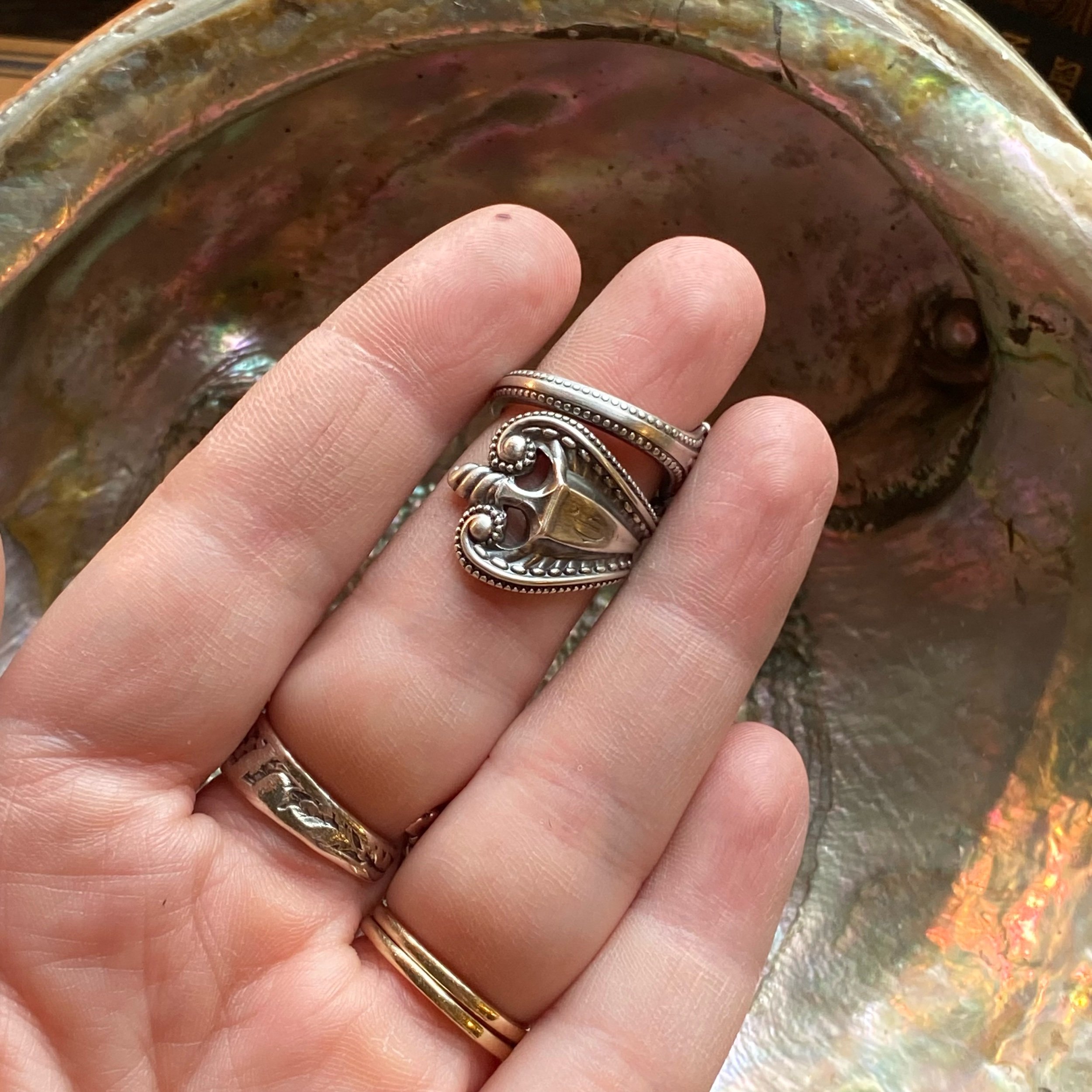 1895 Monogram G - Old Colonial Sterling Spoon Ring - LadyForge Jewelry