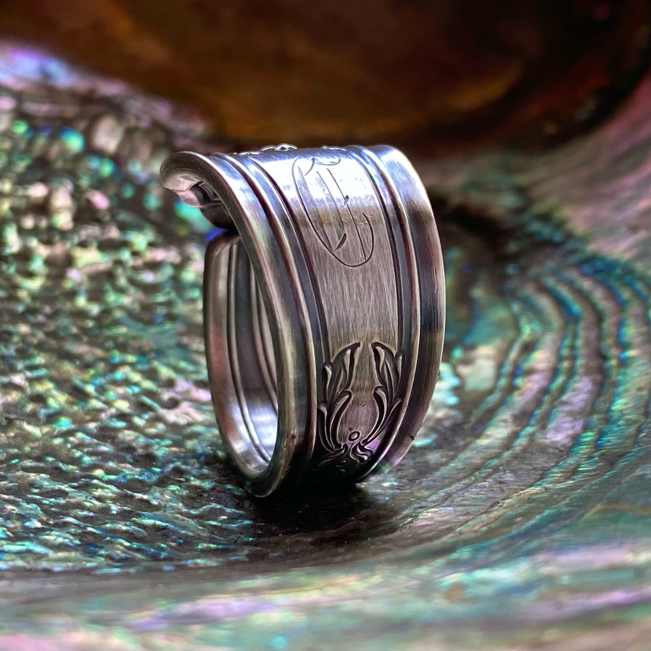 1912 Queen Louise Monogram C Sterling Spoon Ring - LadyForge Jewelry