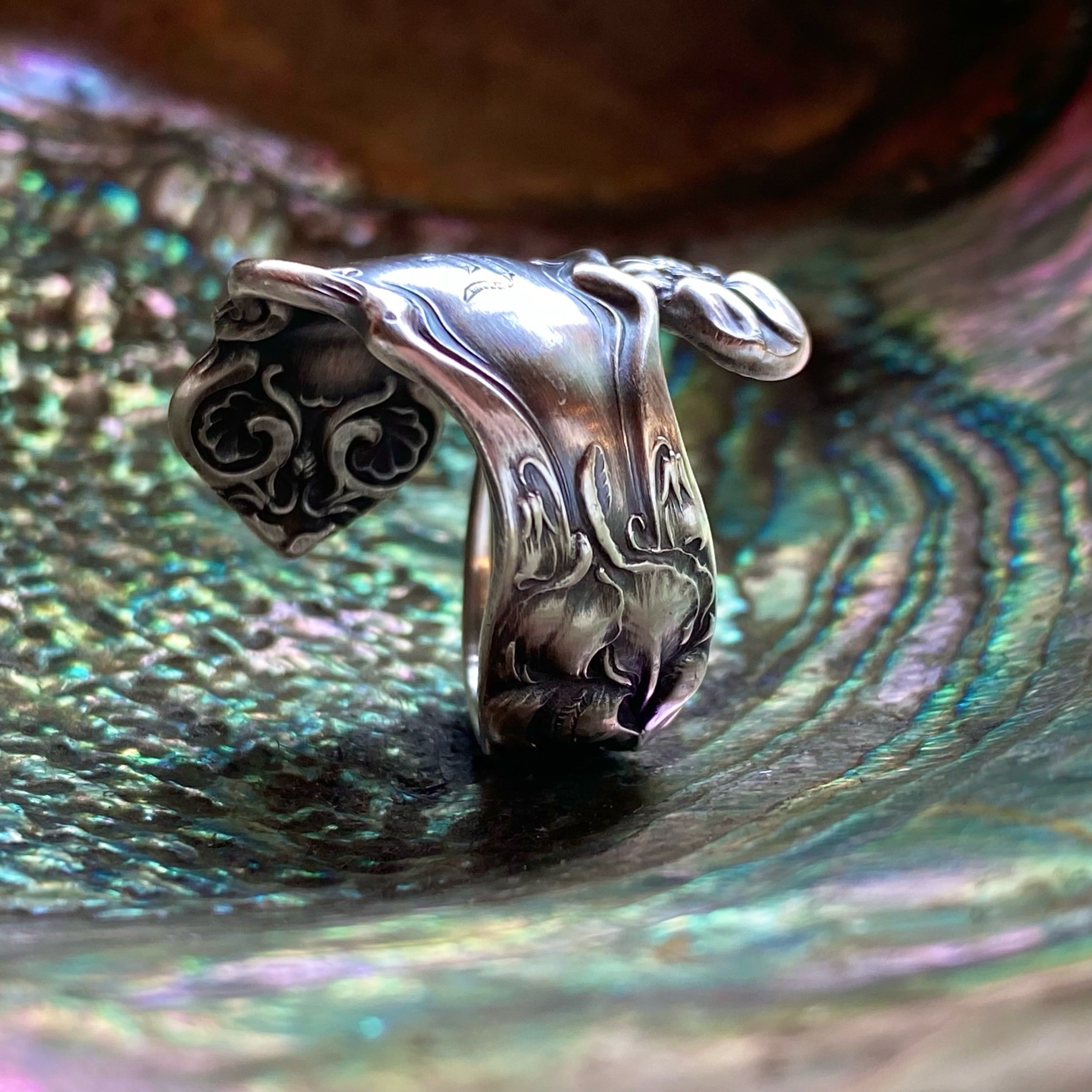 Iris Monogram F Sterling Spoon Ring - LadyForge Jewelry