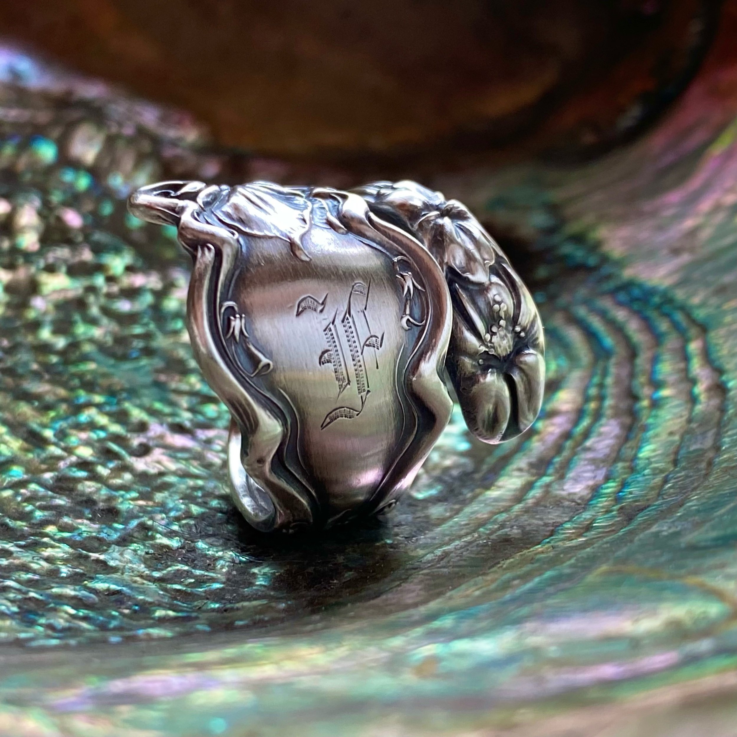 Iris Monogram F Sterling Spoon Ring - LadyForge Jewelry