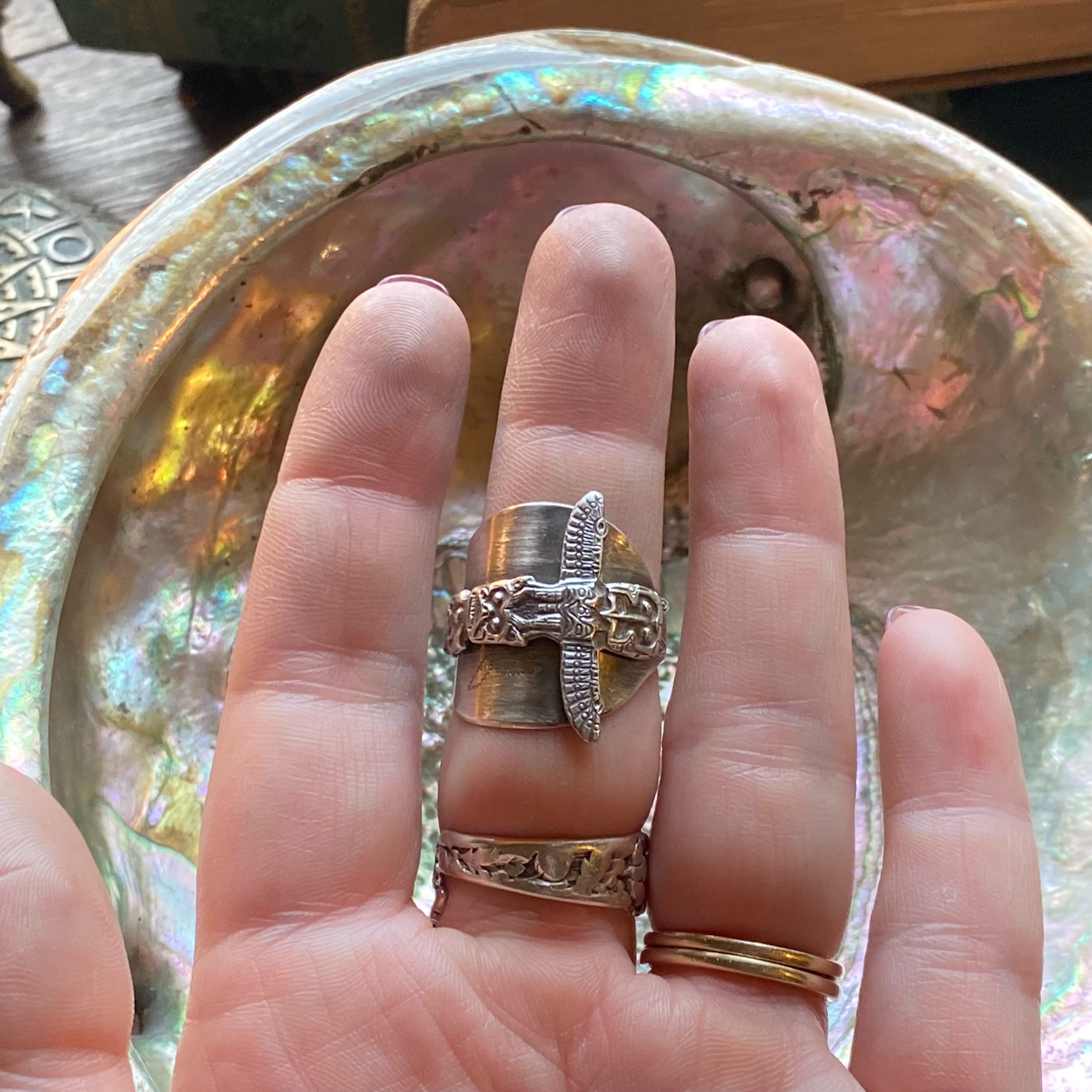 Eagle Totem Wrap Sterling Spoon Ring - LadyForge Jewelry