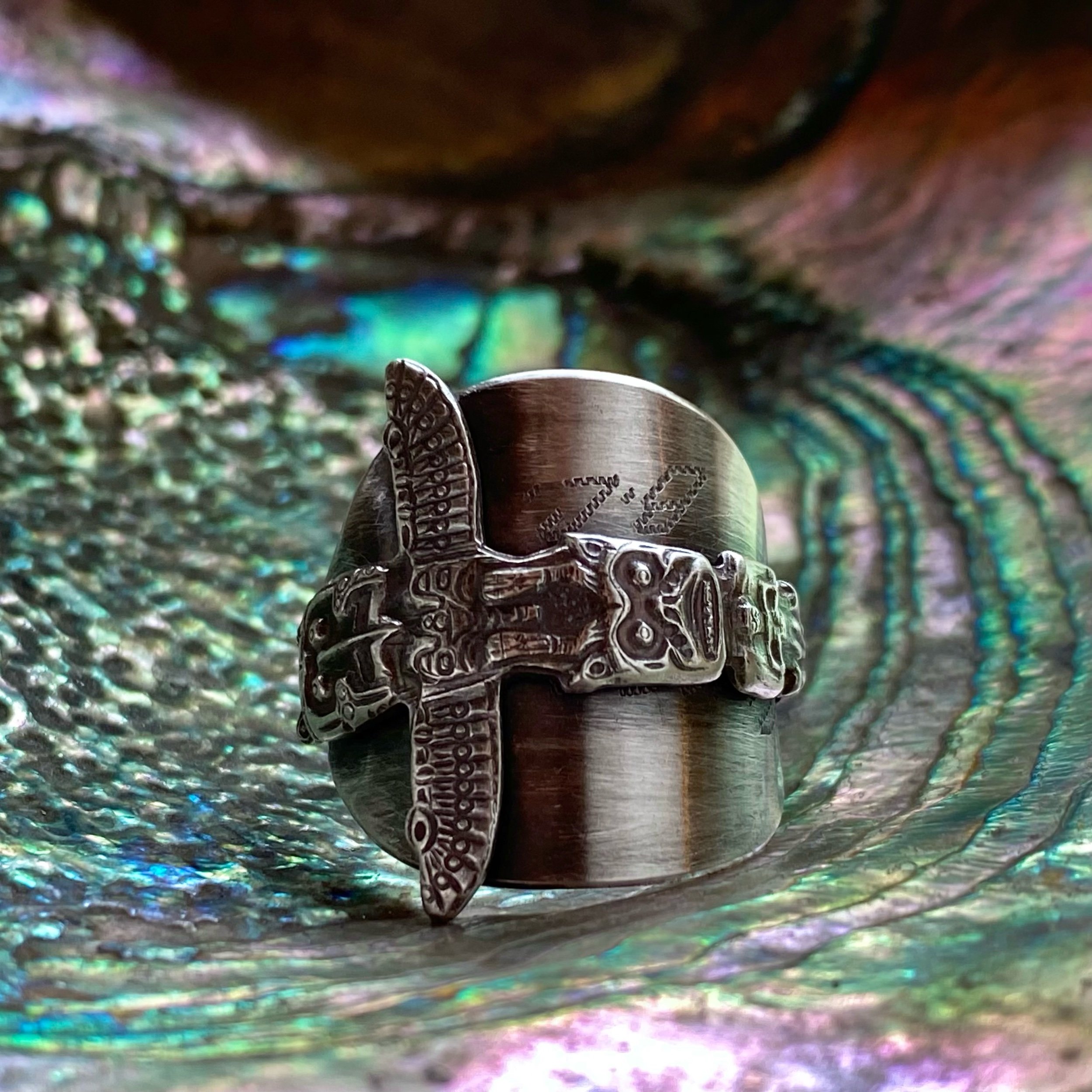 Eagle Totem Wrap Sterling Spoon Ring - LadyForge Jewelry