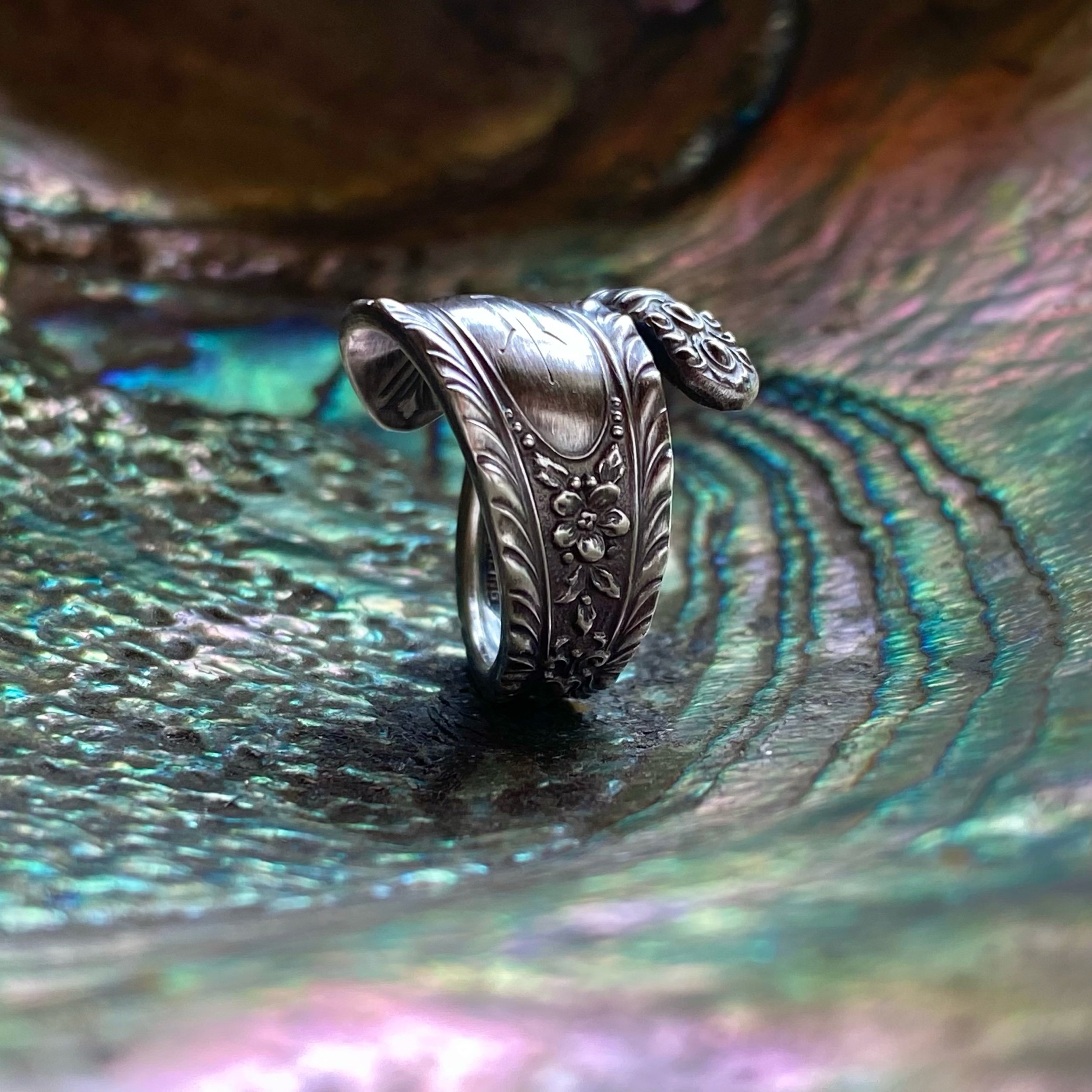 1938 Gadroonette Monogram H Sterling Spoon Ring - LadyForge Jewelry