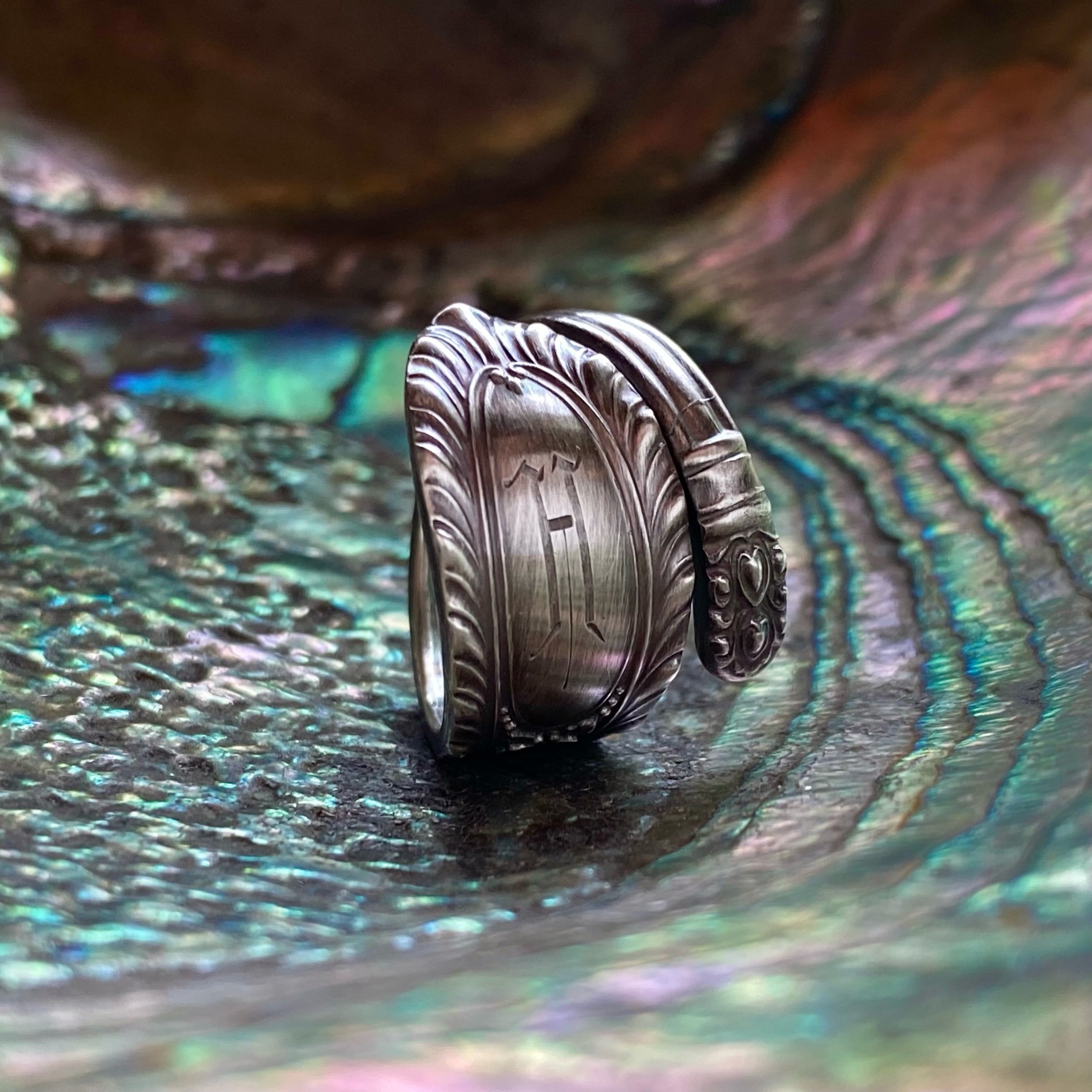 1938 Gadroonette Monogram H Sterling Spoon Ring - LadyForge Jewelry