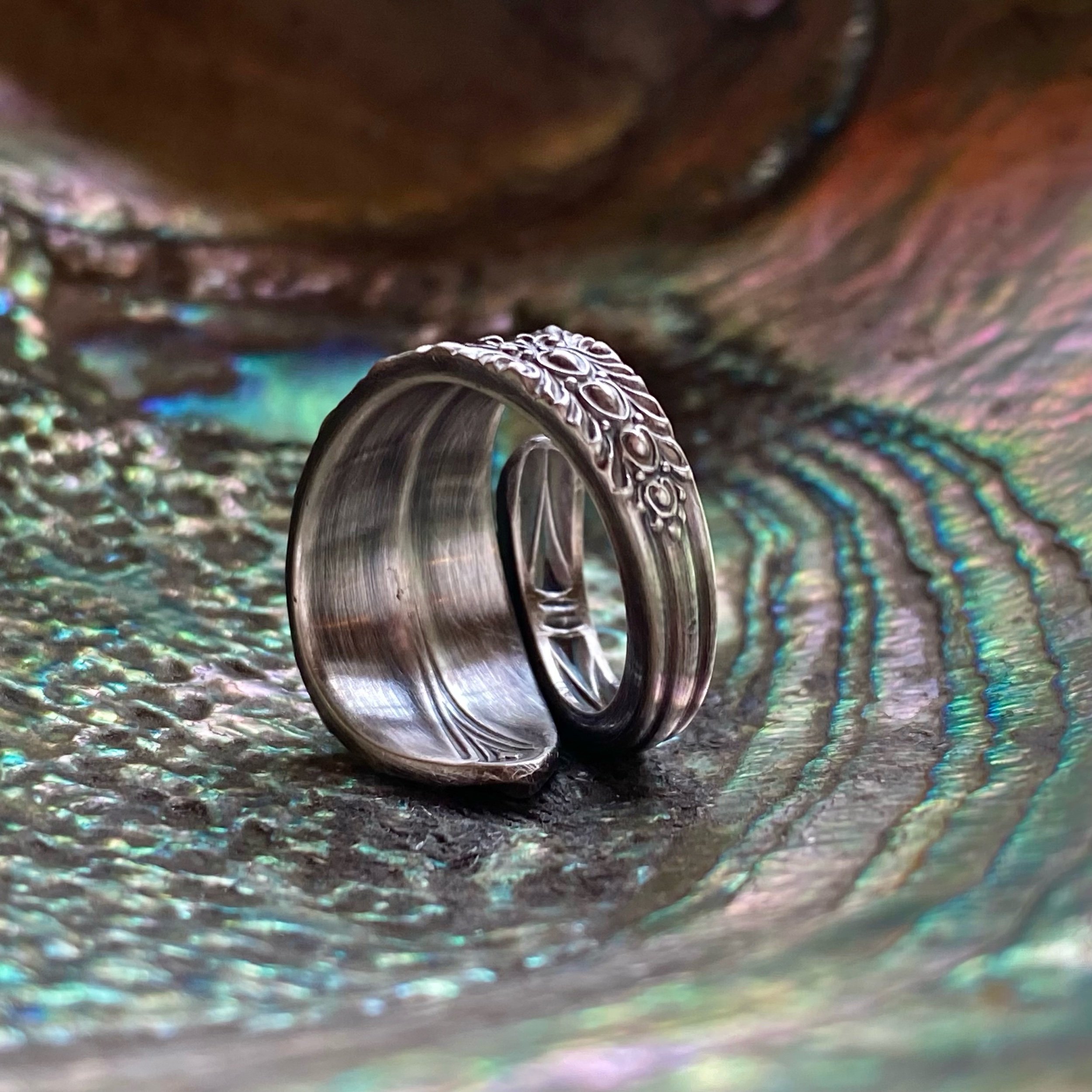 1938 Gadroonette Monogram H Sterling Spoon Ring - LadyForge Jewelry
