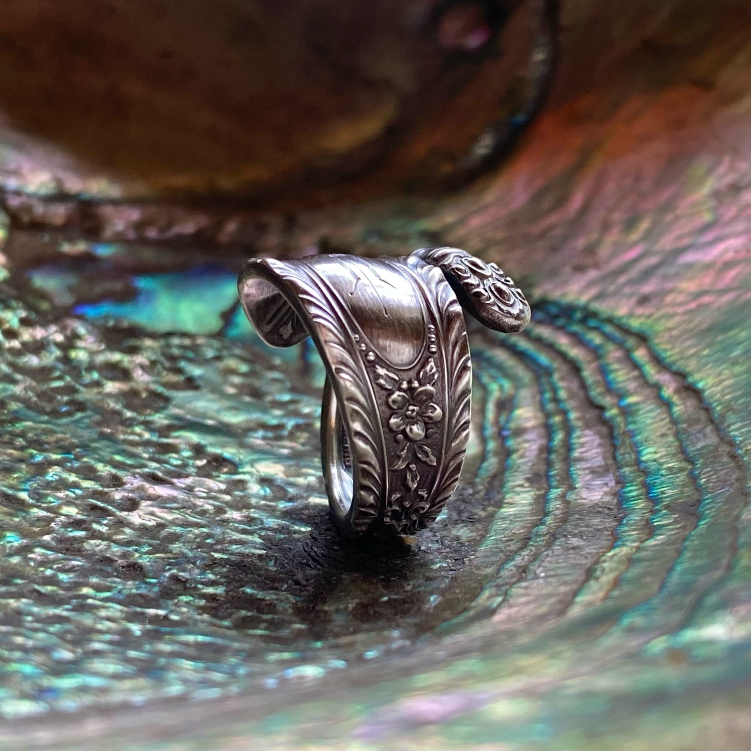 1938 Gadroonette Monogram H Sterling Spoon Ring - LadyForge Jewelry