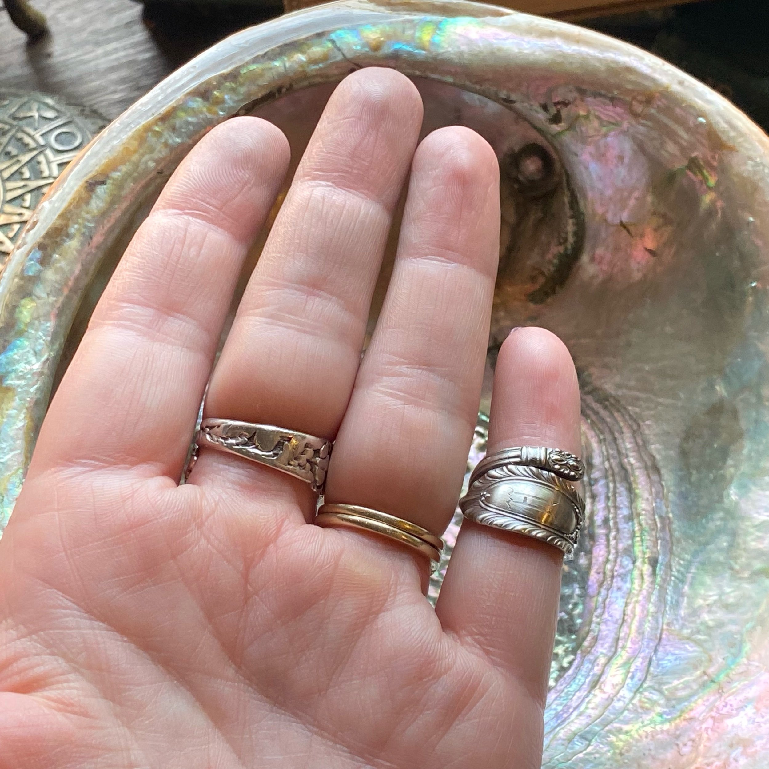 1938 Gadroonette Monogram H Sterling Spoon Ring - LadyForge Jewelry