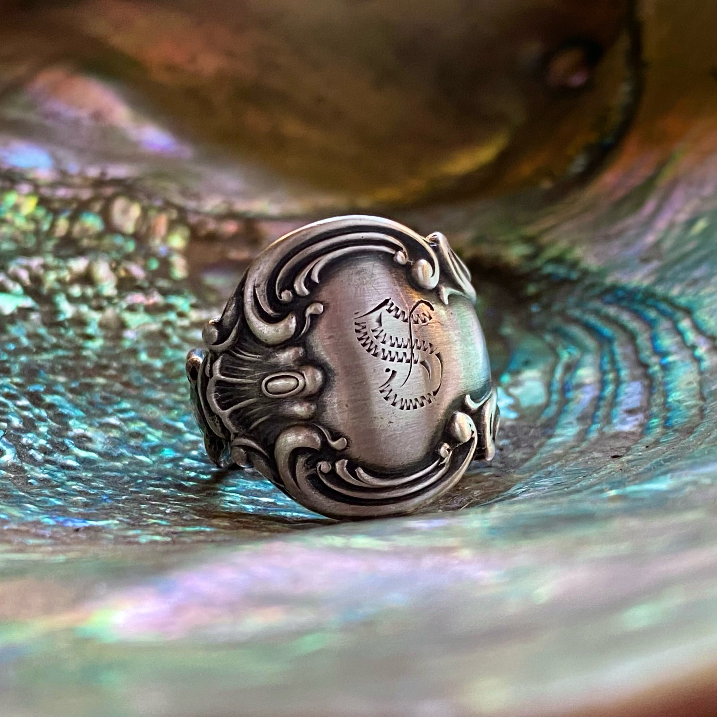 1897 Strasbourg Monogram S Sterling Spoon Ring - LadyForge Jewelry