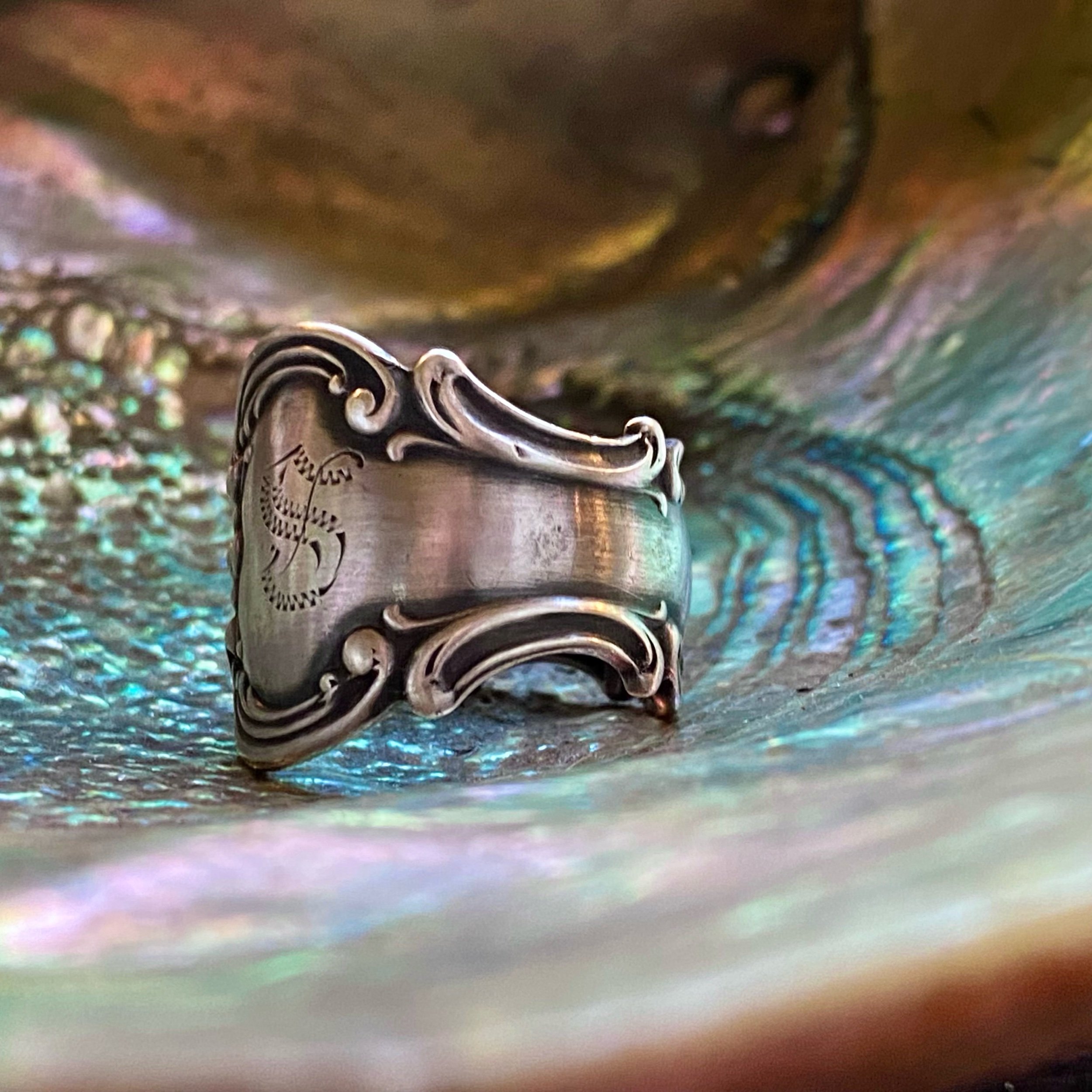 1897 Strasbourg Monogram S Sterling Spoon Ring - LadyForge Jewelry