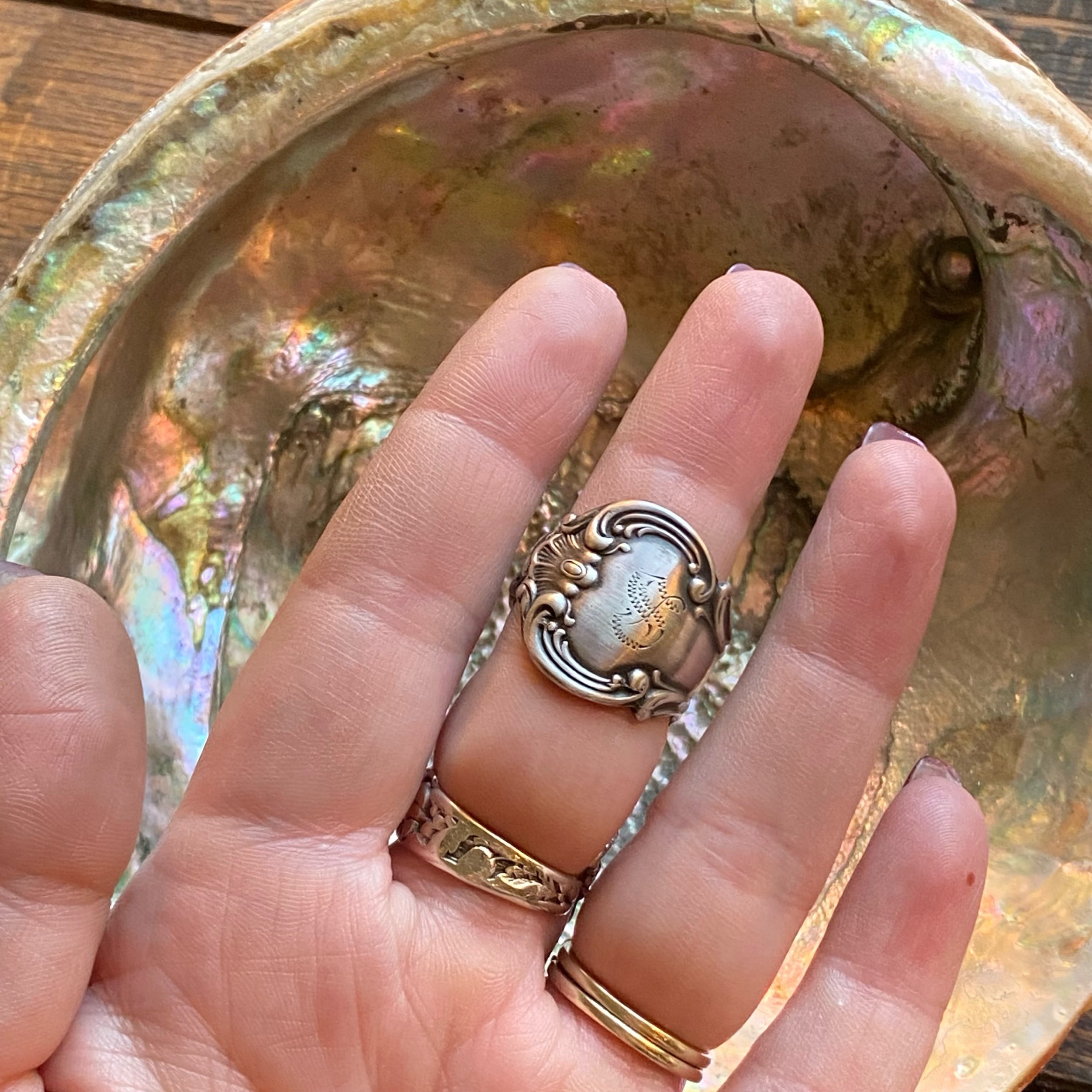 1897 Strasbourg Monogram S Sterling Spoon Ring - LadyForge Jewelry