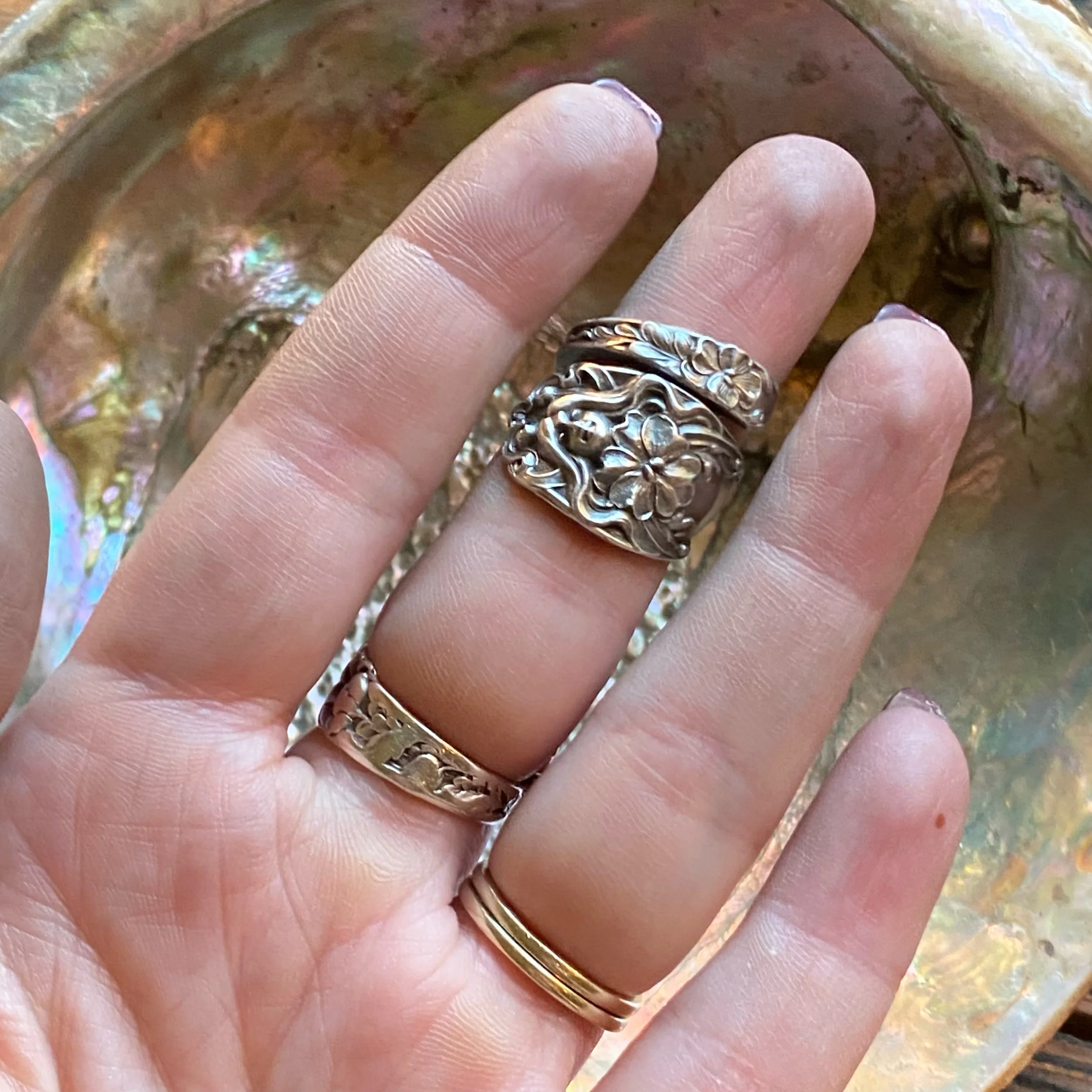 Nouveau Maiden of the Blossoms Sterling Spoon Ring - LadyForge Jewelry