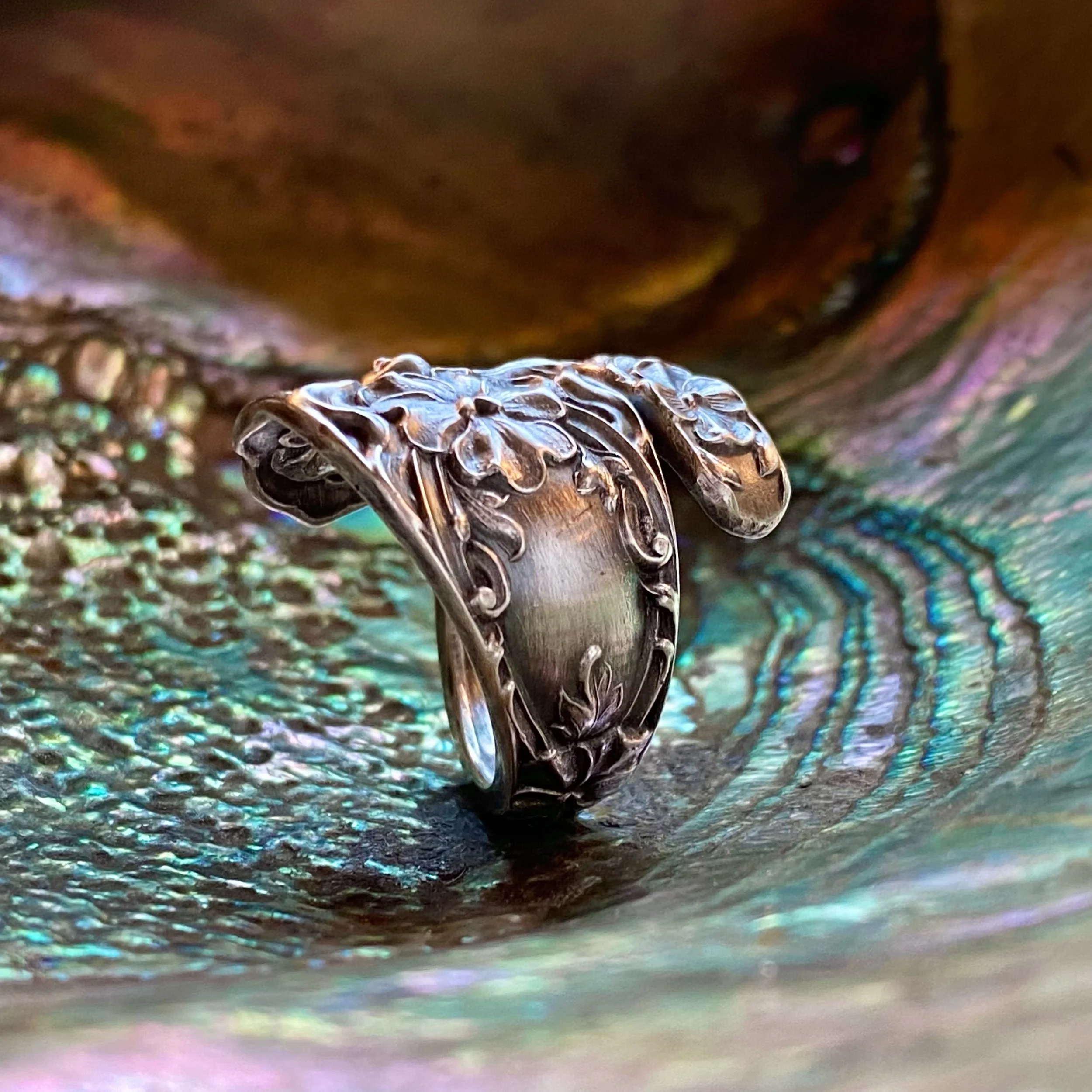 Nouveau Maiden of the Blossoms Sterling Spoon Ring - LadyForge Jewelry