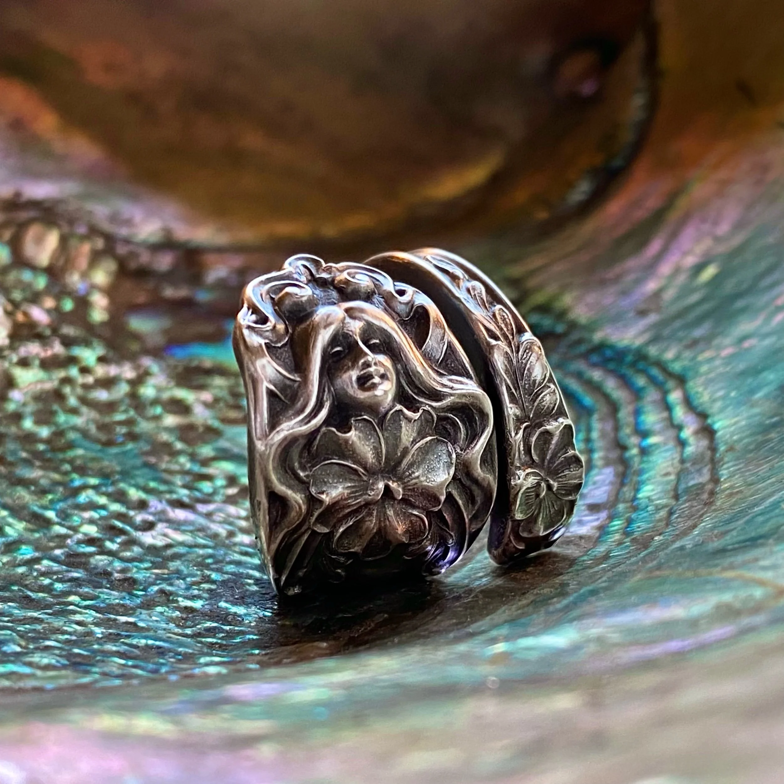 Nouveau Maiden of the Blossoms Sterling Spoon Ring - LadyForge Jewelry
