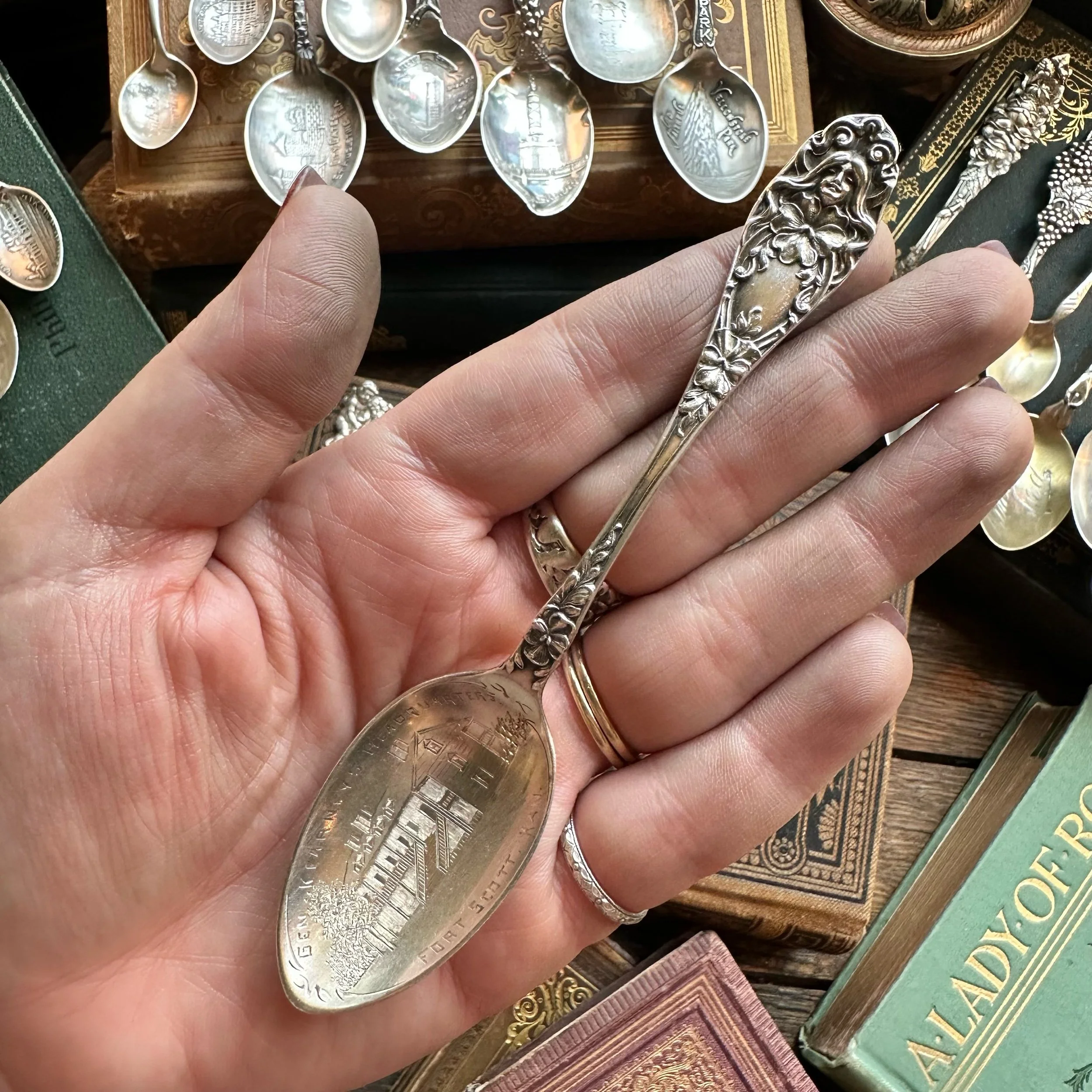 Nouveau Maiden of the Blossoms Sterling Spoon Ring - LadyForge Jewelry