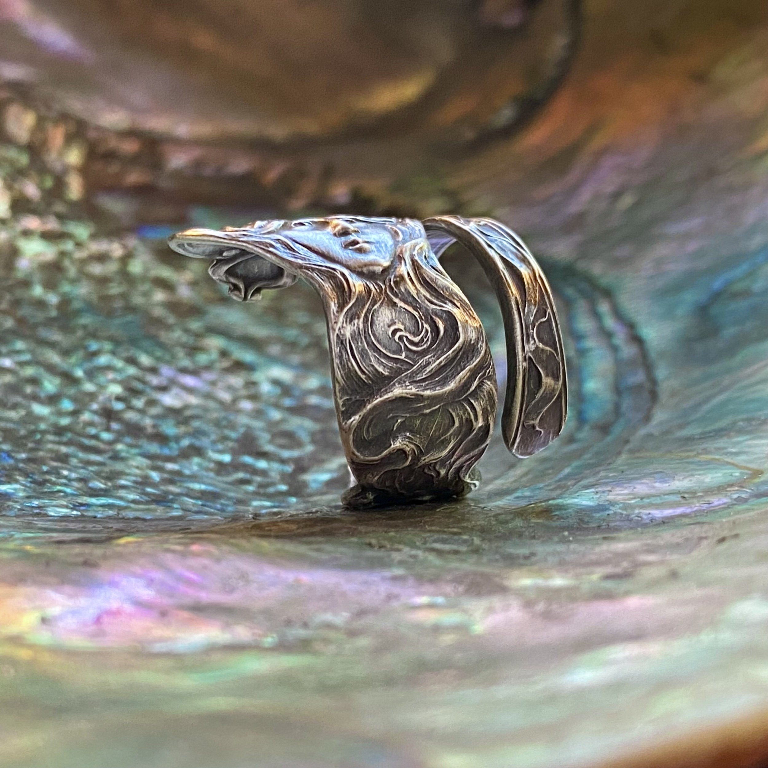 1900 Dainty Nouveau Maiden Sterling Spoon Ring - LadyForge Jewelry