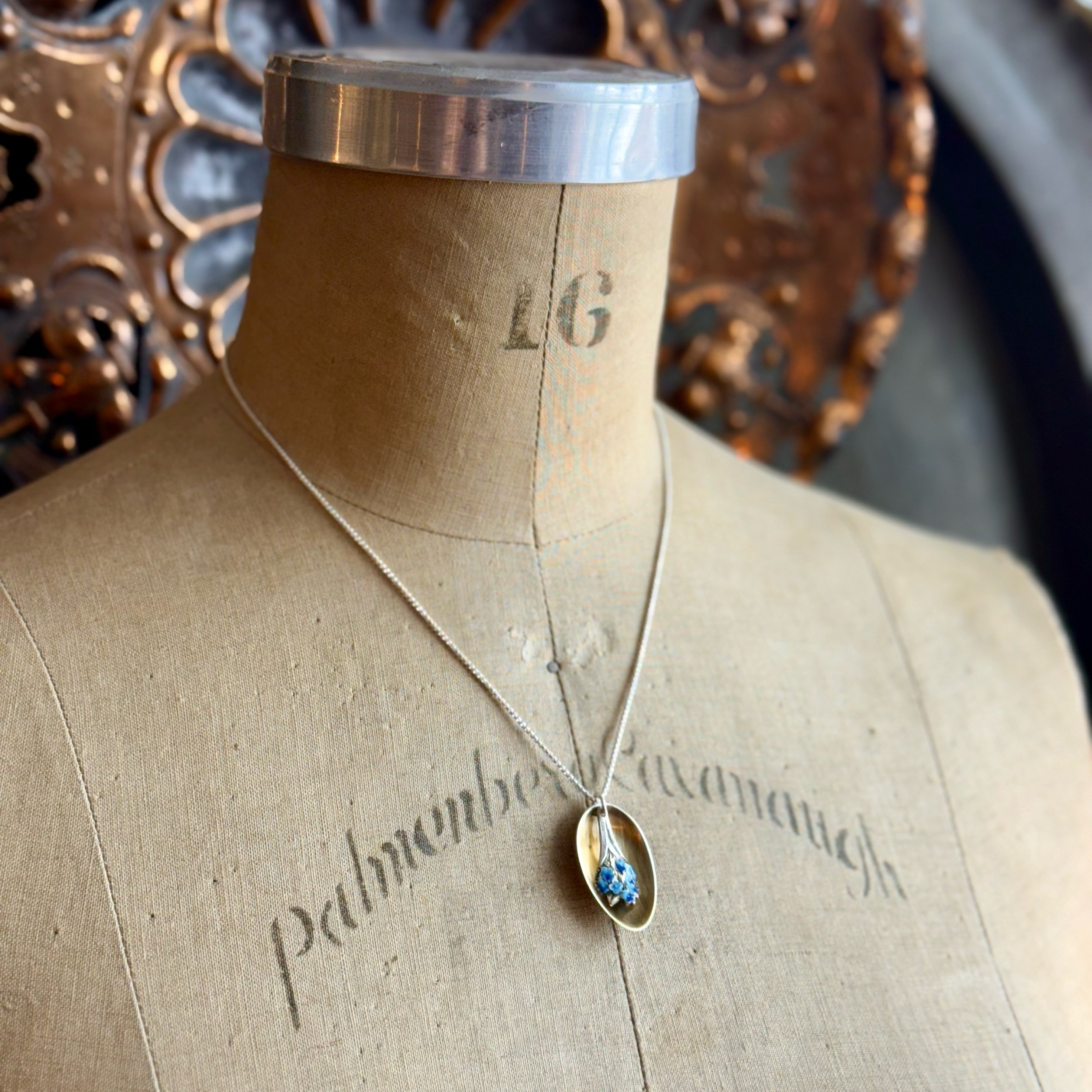 1895 Forget Me Not Enameled Spoonie Necklace - LadyForge Jewelry