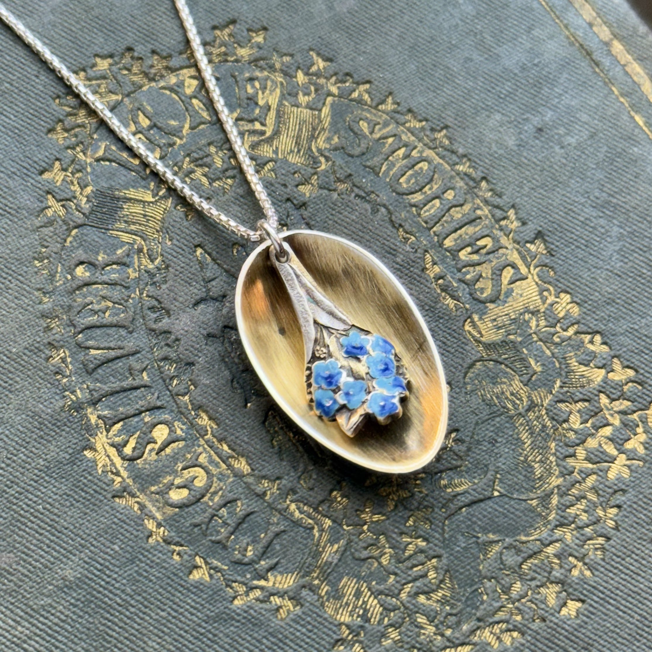 1895 Forget Me Not Enameled Spoonie Necklace - LadyForge Jewelry