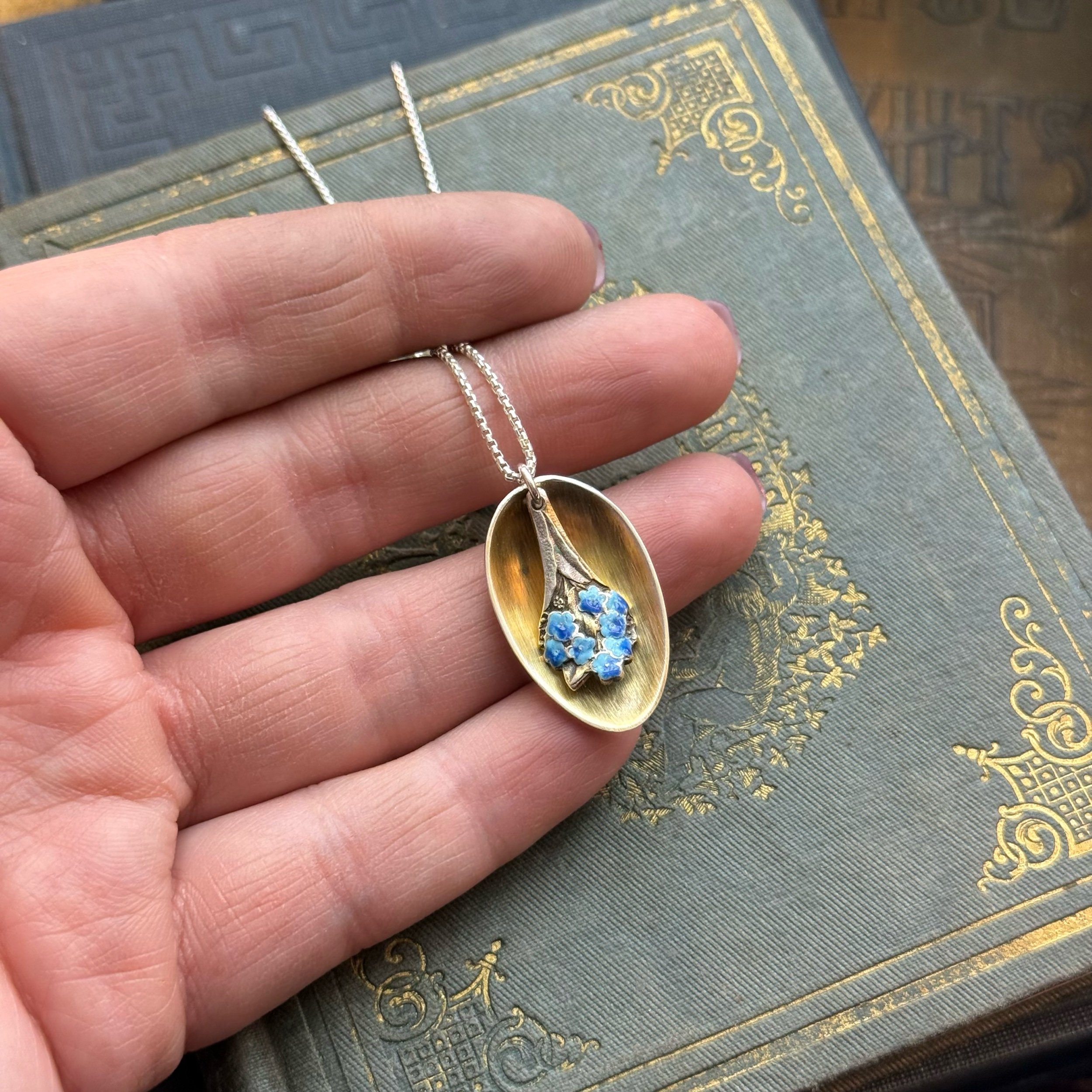1895 Forget Me Not Enameled Spoonie Necklace - LadyForge Jewelry