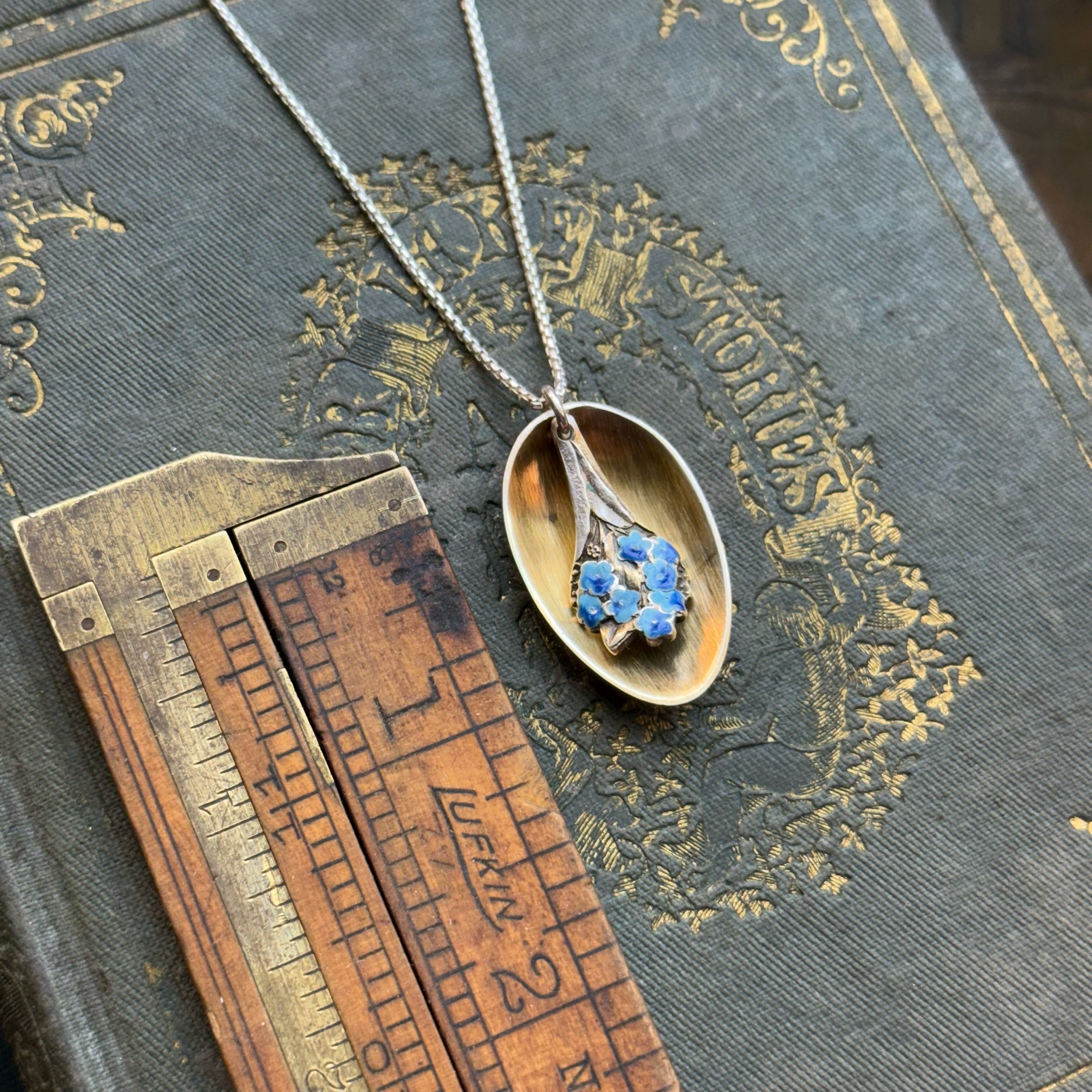 1895 Forget Me Not Enameled Spoonie Necklace - LadyForge Jewelry