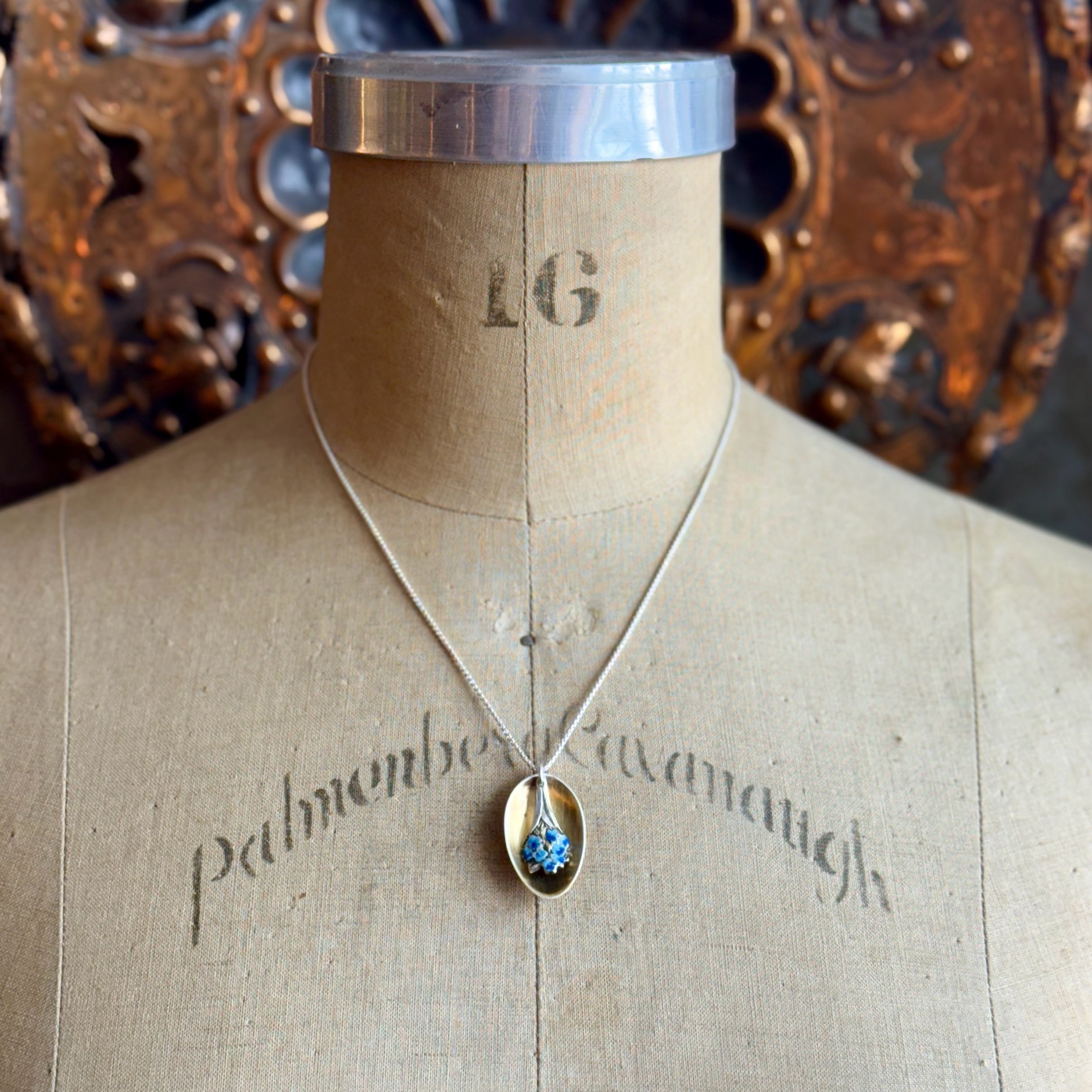 1895 Forget Me Not Enameled Spoonie Necklace - LadyForge Jewelry