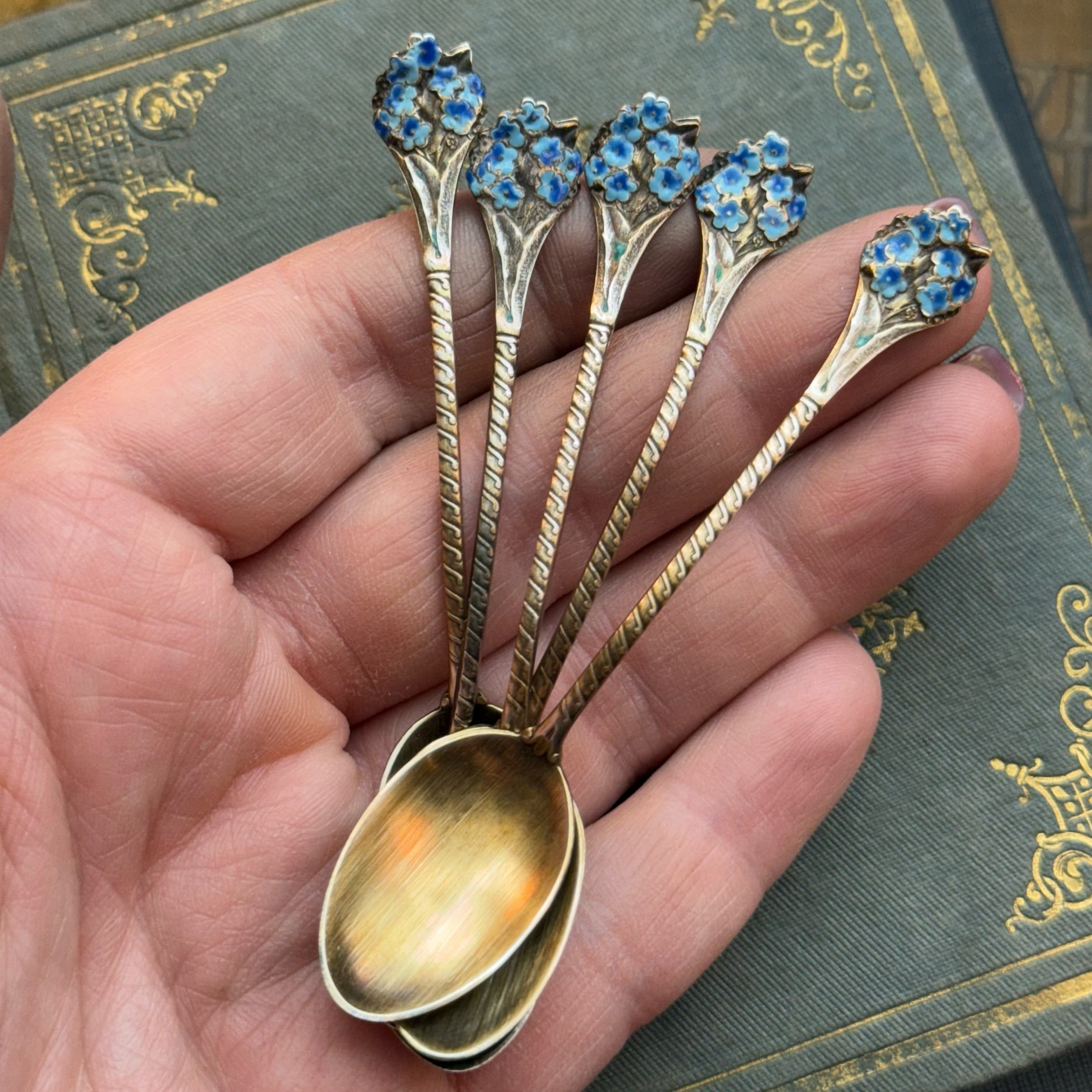 1895 Forget Me Not Enameled Spoonie Necklace - LadyForge Jewelry