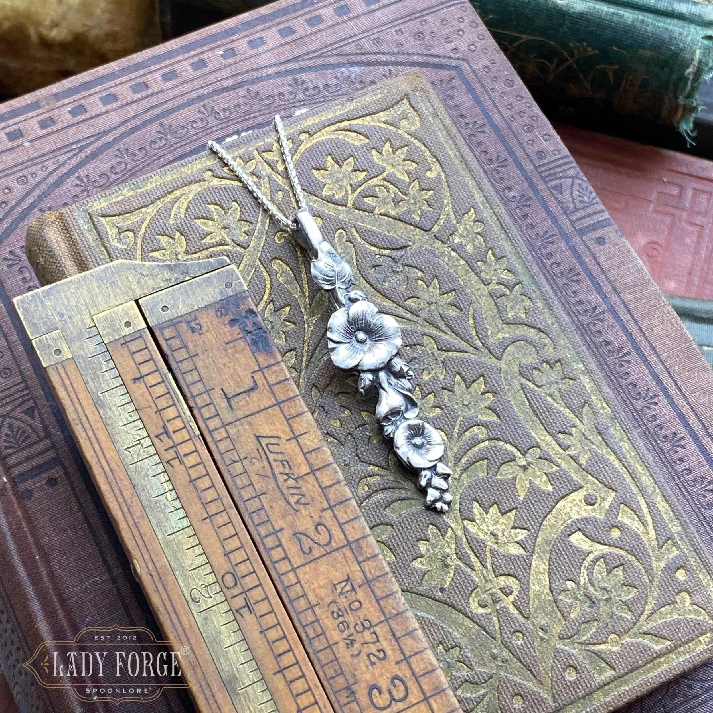 Sterling Spoon Necklace - 1950s Harlequin Hollyhock - LadyForge Jewelry