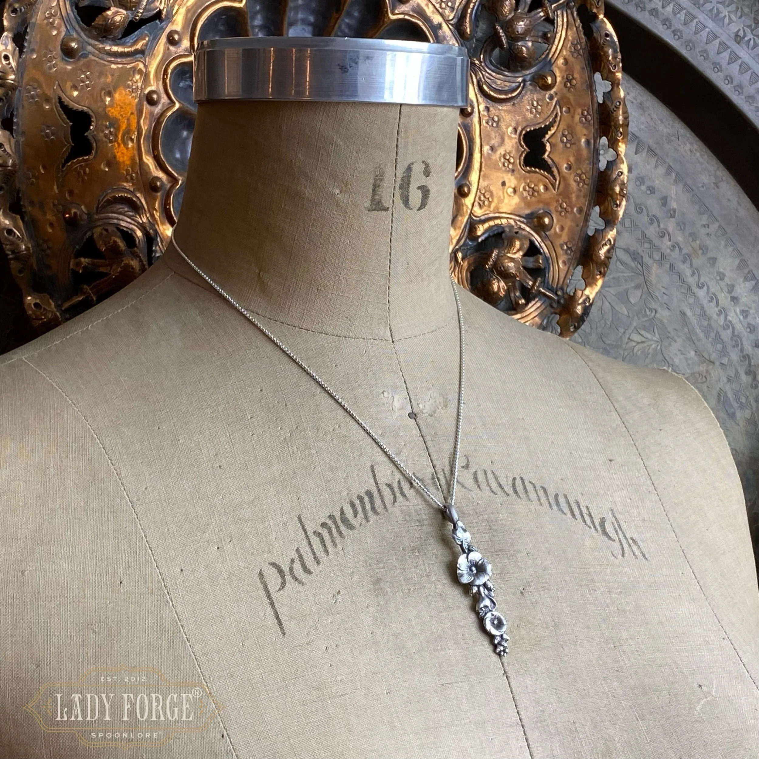 Sterling Spoon Necklace - 1950s Harlequin Hollyhock - LadyForge Jewelry