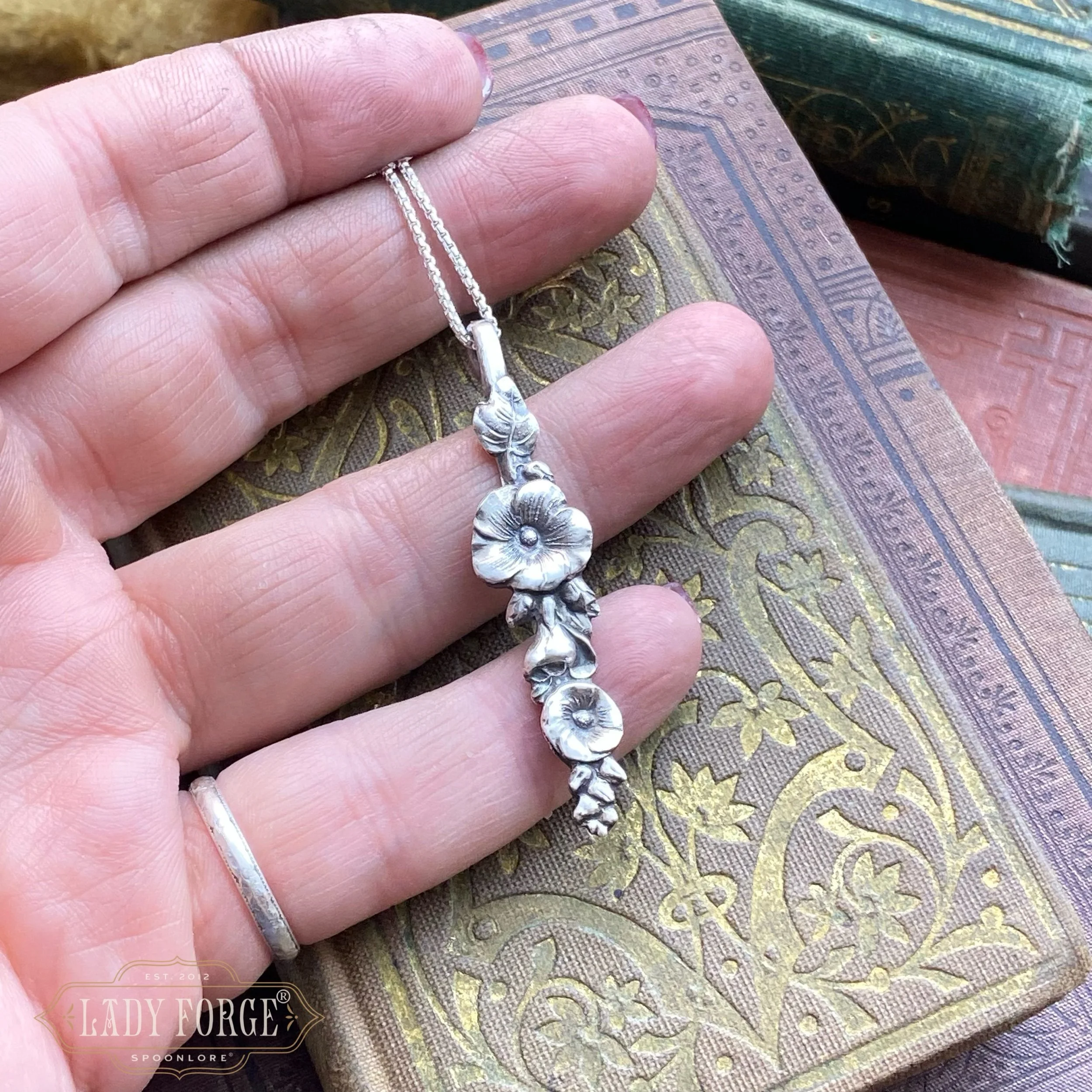 Sterling Spoon Necklace - 1950s Harlequin Hollyhock - LadyForge Jewelry