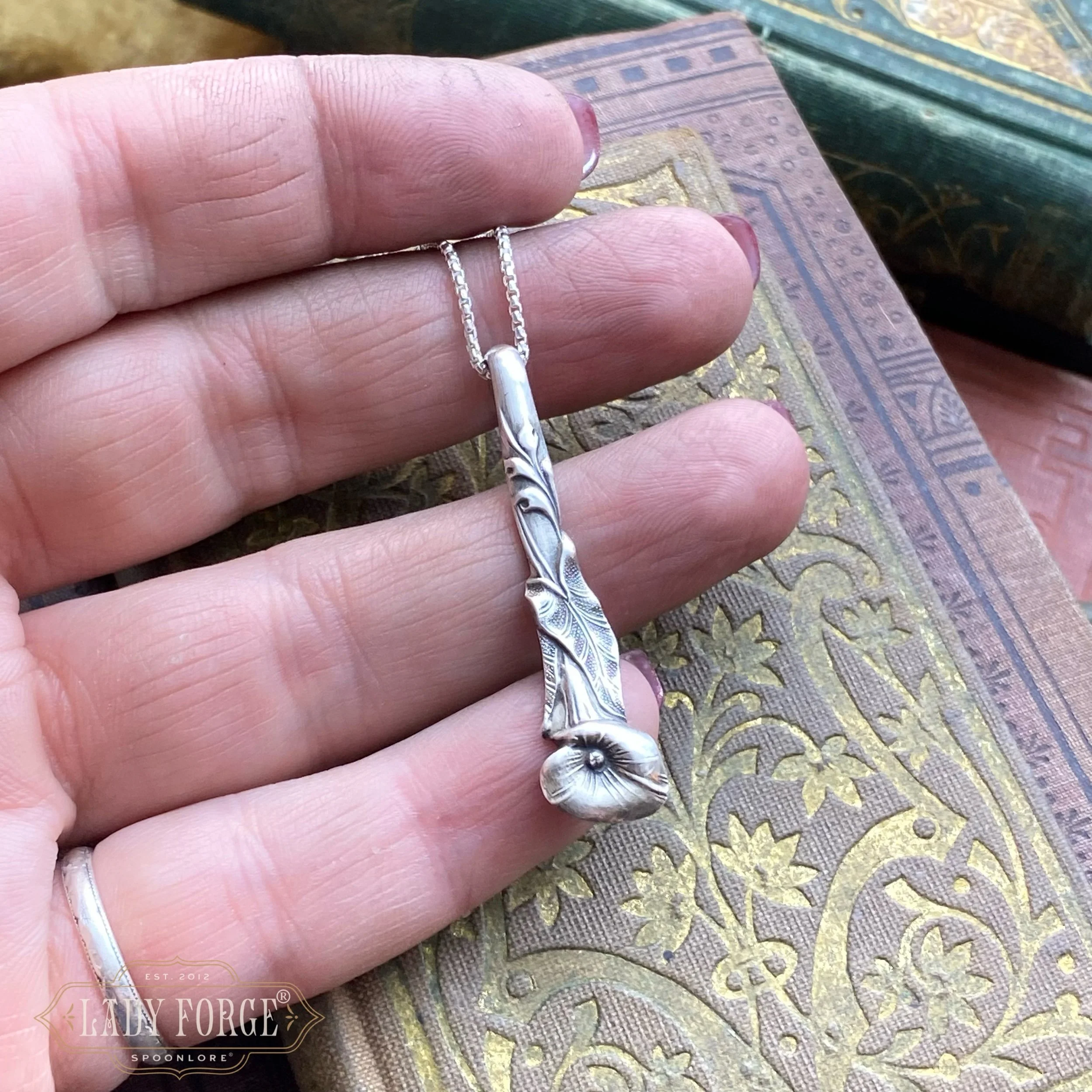 Sterling Spoon Necklace - 1950s Harlequin Calla Lily - LadyForge Jewelry