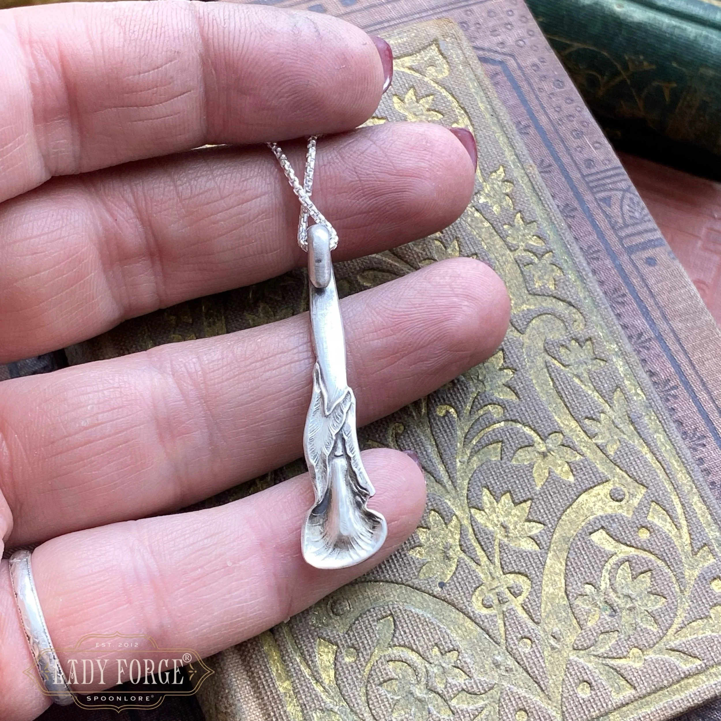 Sterling Spoon Necklace - 1950s Harlequin Calla Lily - LadyForge Jewelry