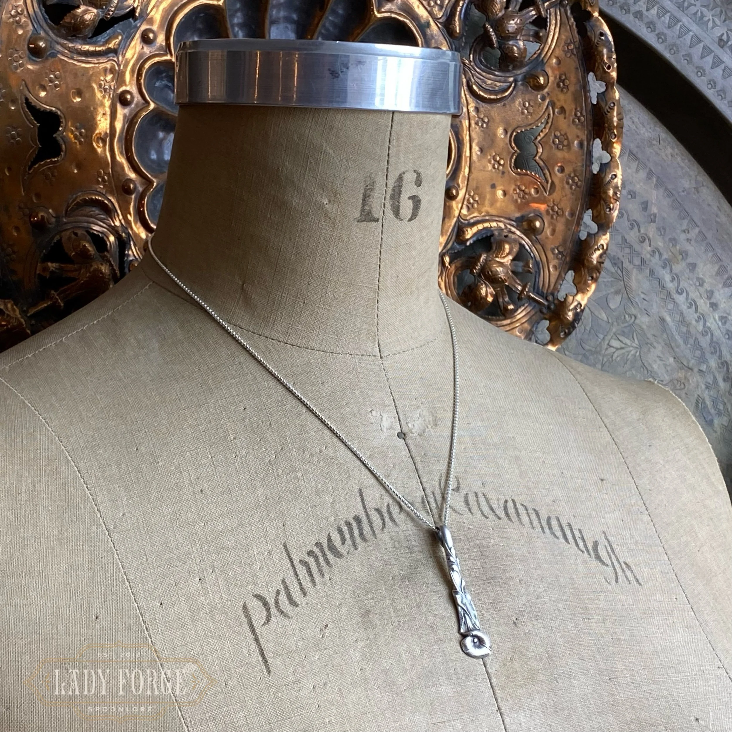 Sterling Spoon Necklace - 1950s Harlequin Calla Lily - LadyForge Jewelry