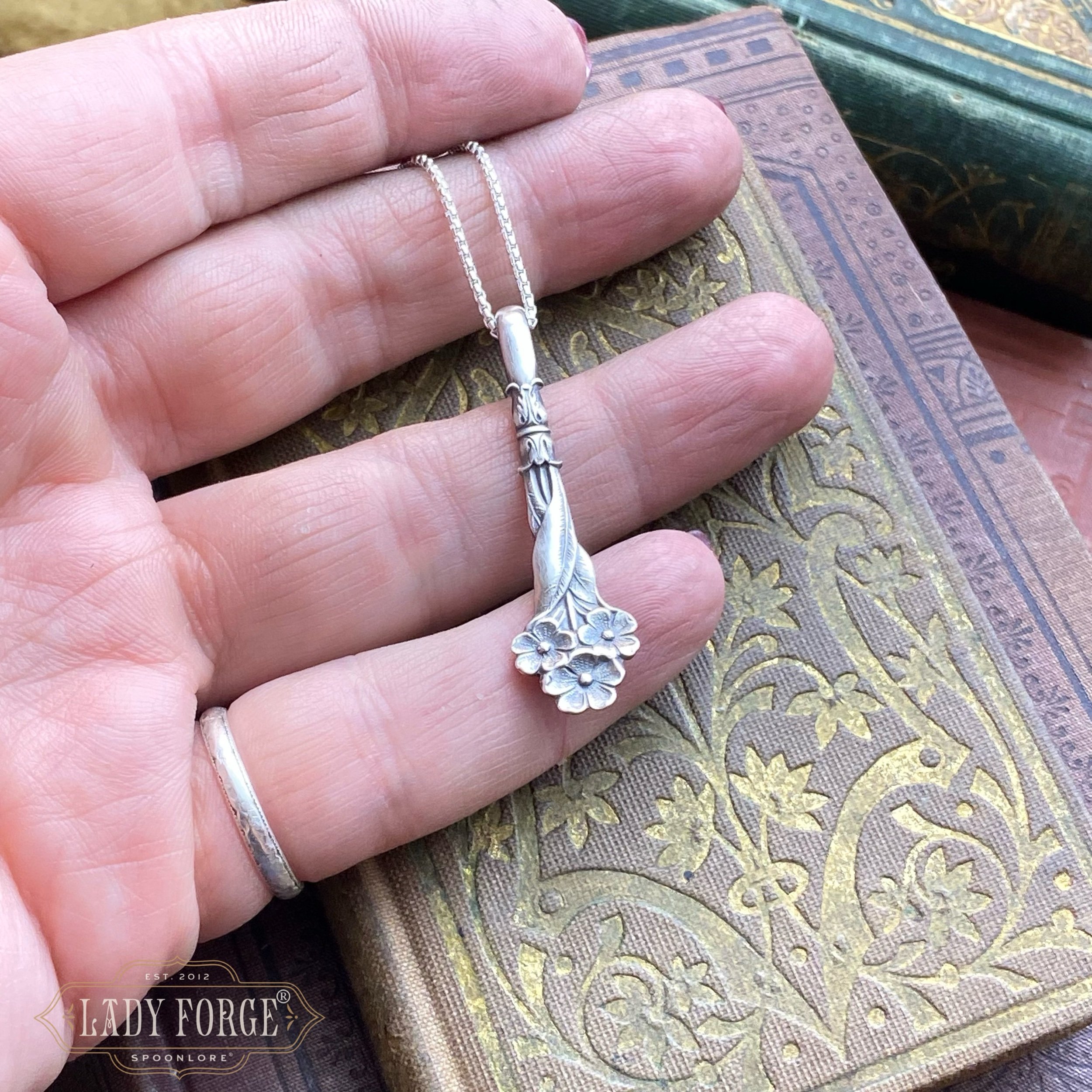 Sterling Spoon Necklace - 1950s Harlequin Forget-me-not - LadyForge Jewelry