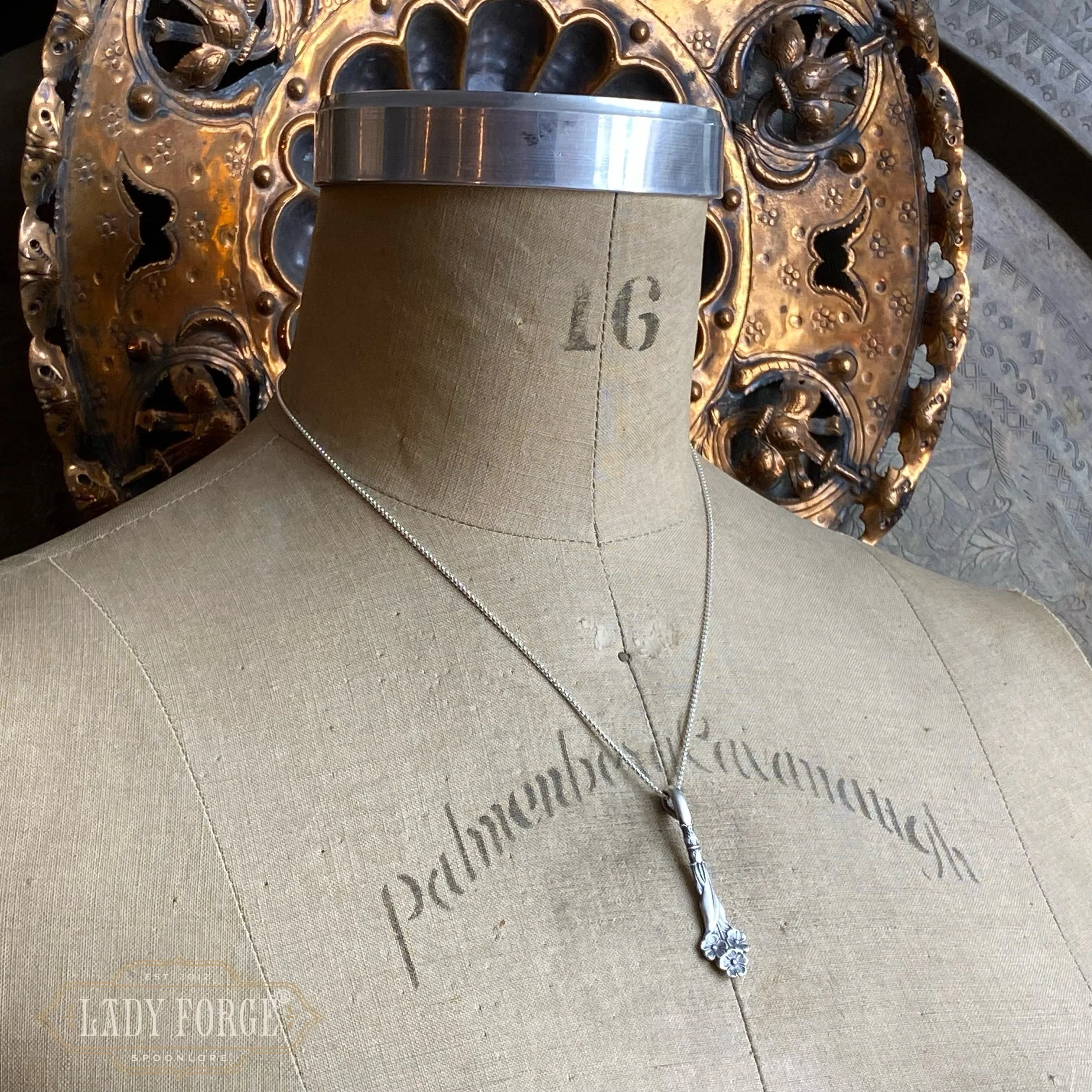 Sterling Spoon Necklace - 1950s Harlequin Forget-me-not - LadyForge Jewelry