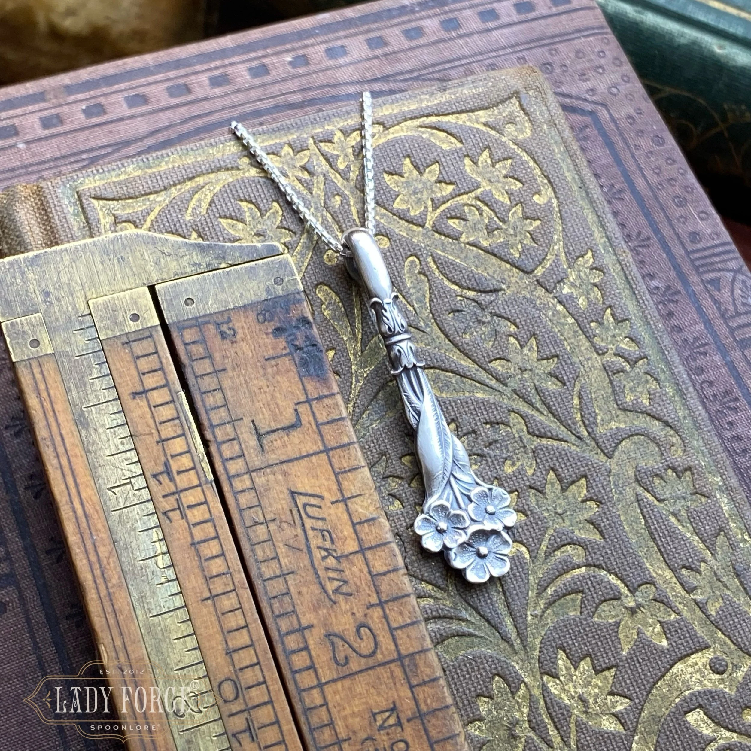 Sterling Spoon Necklace - 1950s Harlequin Forget-me-not - LadyForge Jewelry