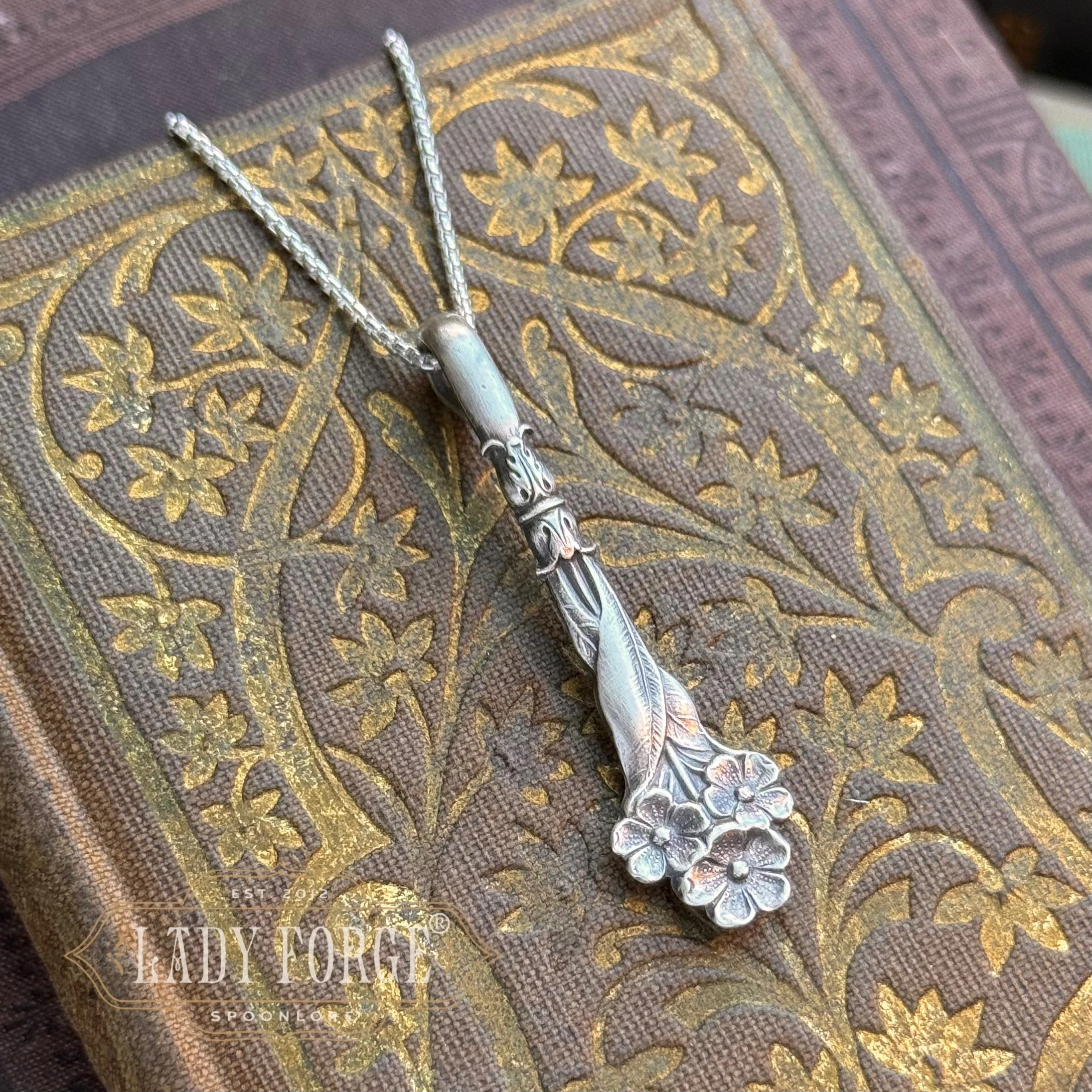 Sterling Spoon Necklace - 1950s Harlequin Forget-me-not - LadyForge Jewelry