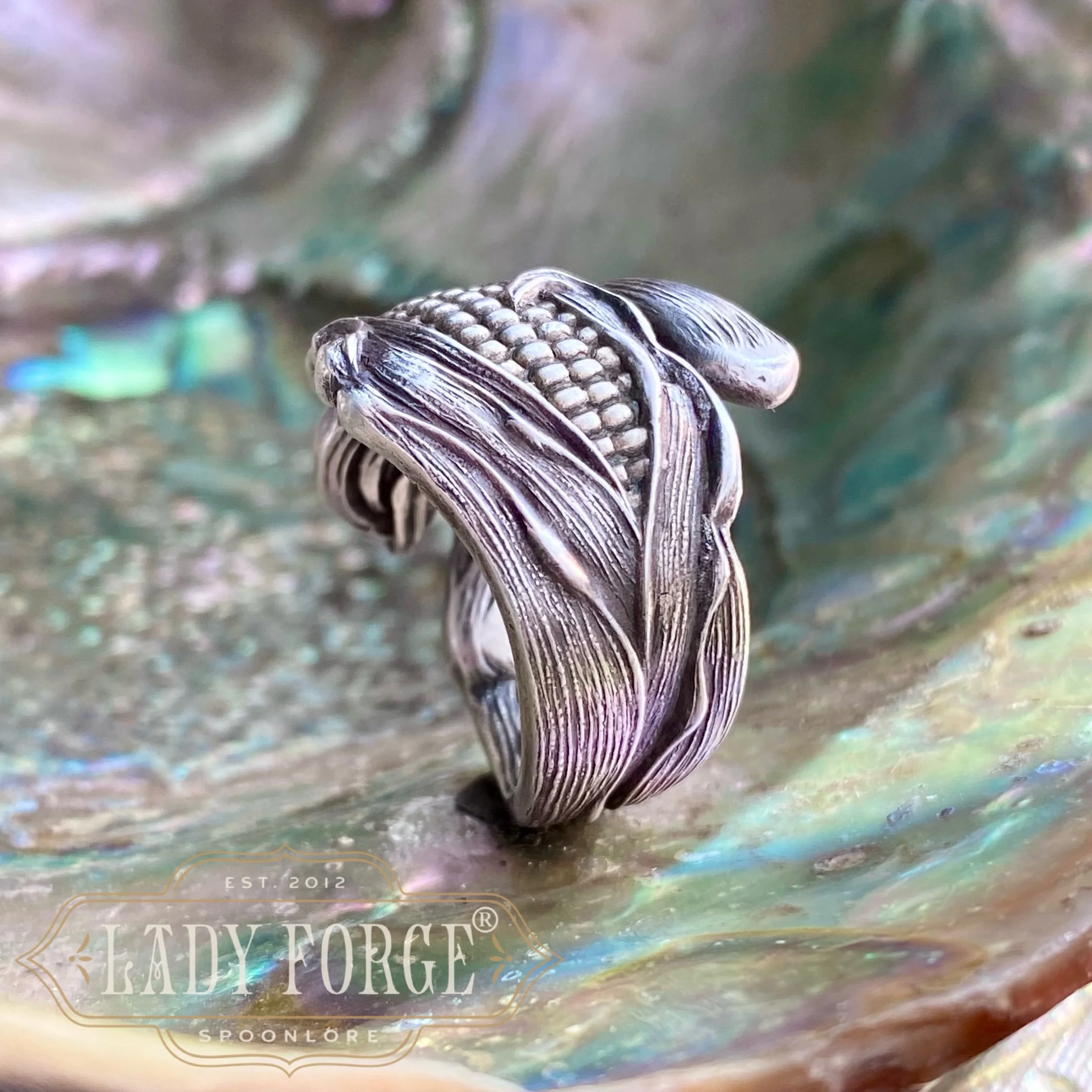Sterling Spoon Ring - Corn - LadyForge Jewelry