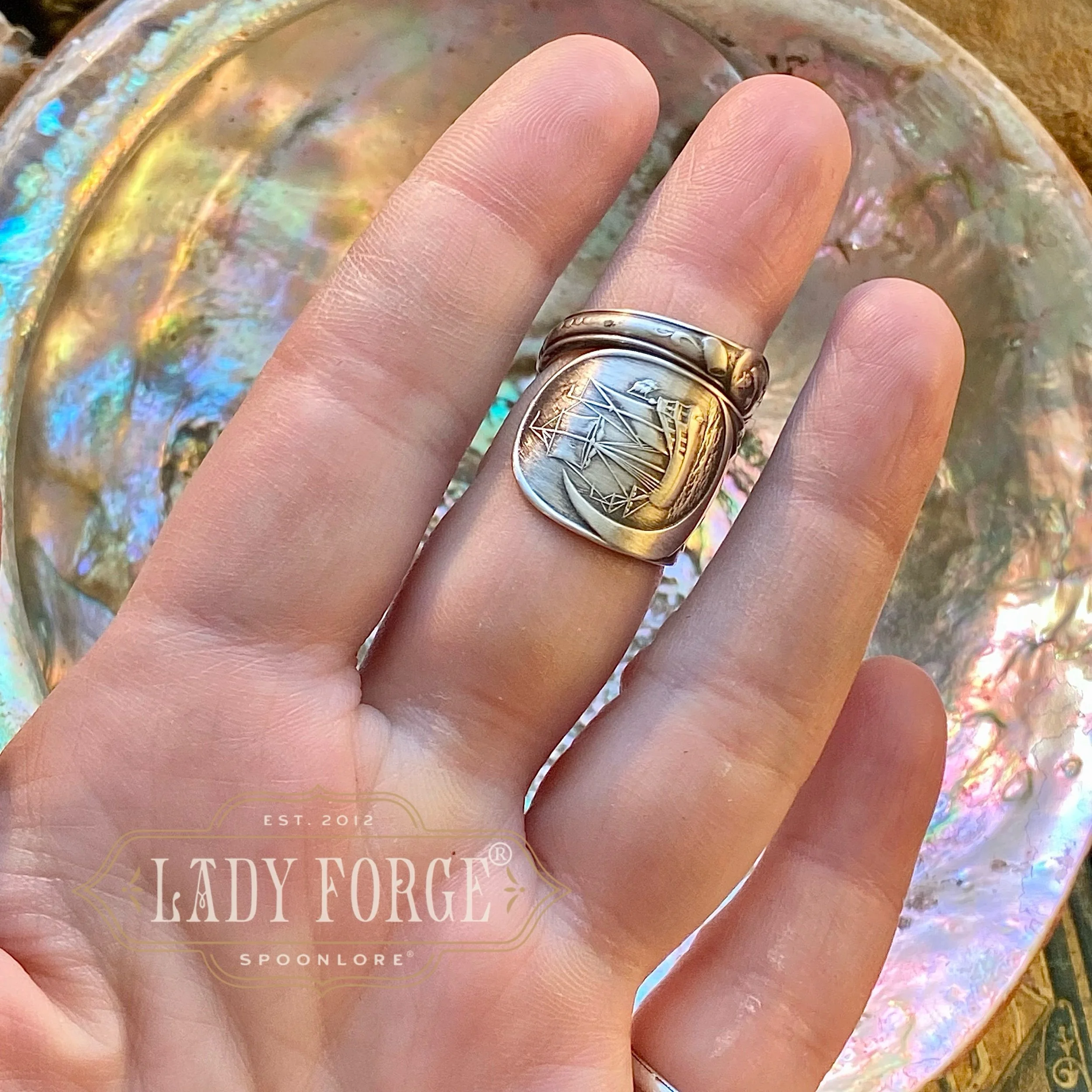 Sterling Spoon Ring - Sailing Through the Moon Troy - LadyForge Jewelry