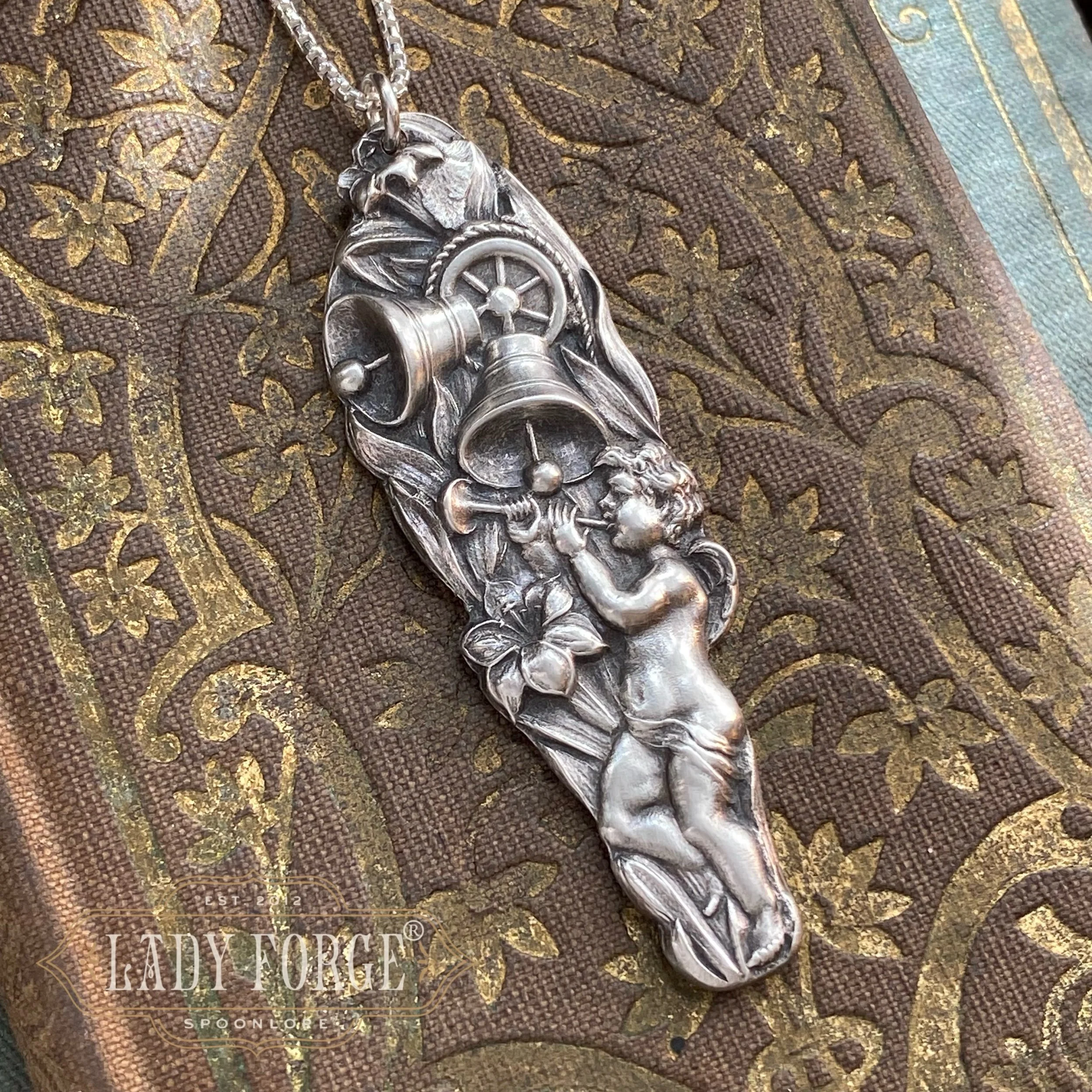 Sterling Spoon Necklace - Rejoicing Cherub - LadyForge Jewelry