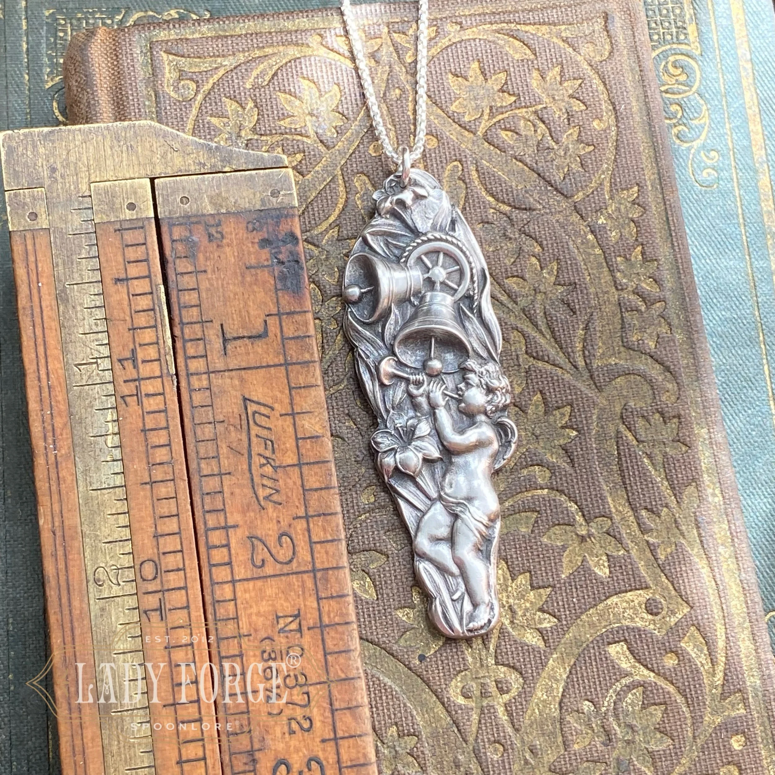 Sterling Spoon Necklace - Rejoicing Cherub - LadyForge Jewelry