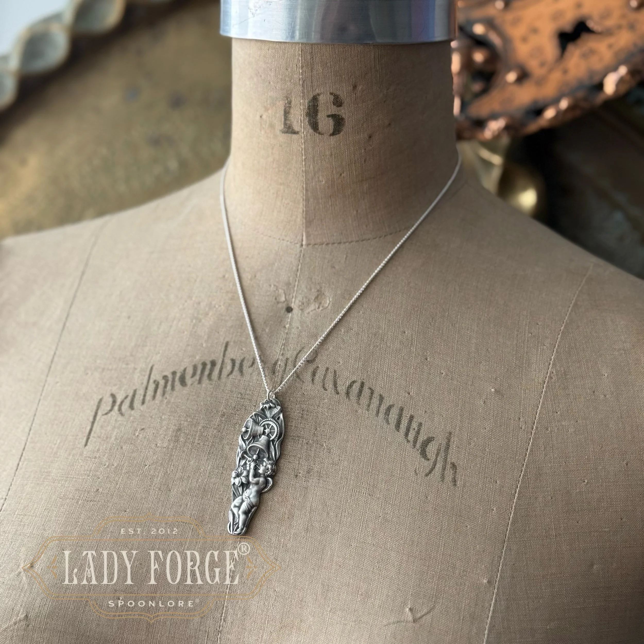 Sterling Spoon Necklace - Rejoicing Cherub - LadyForge Jewelry