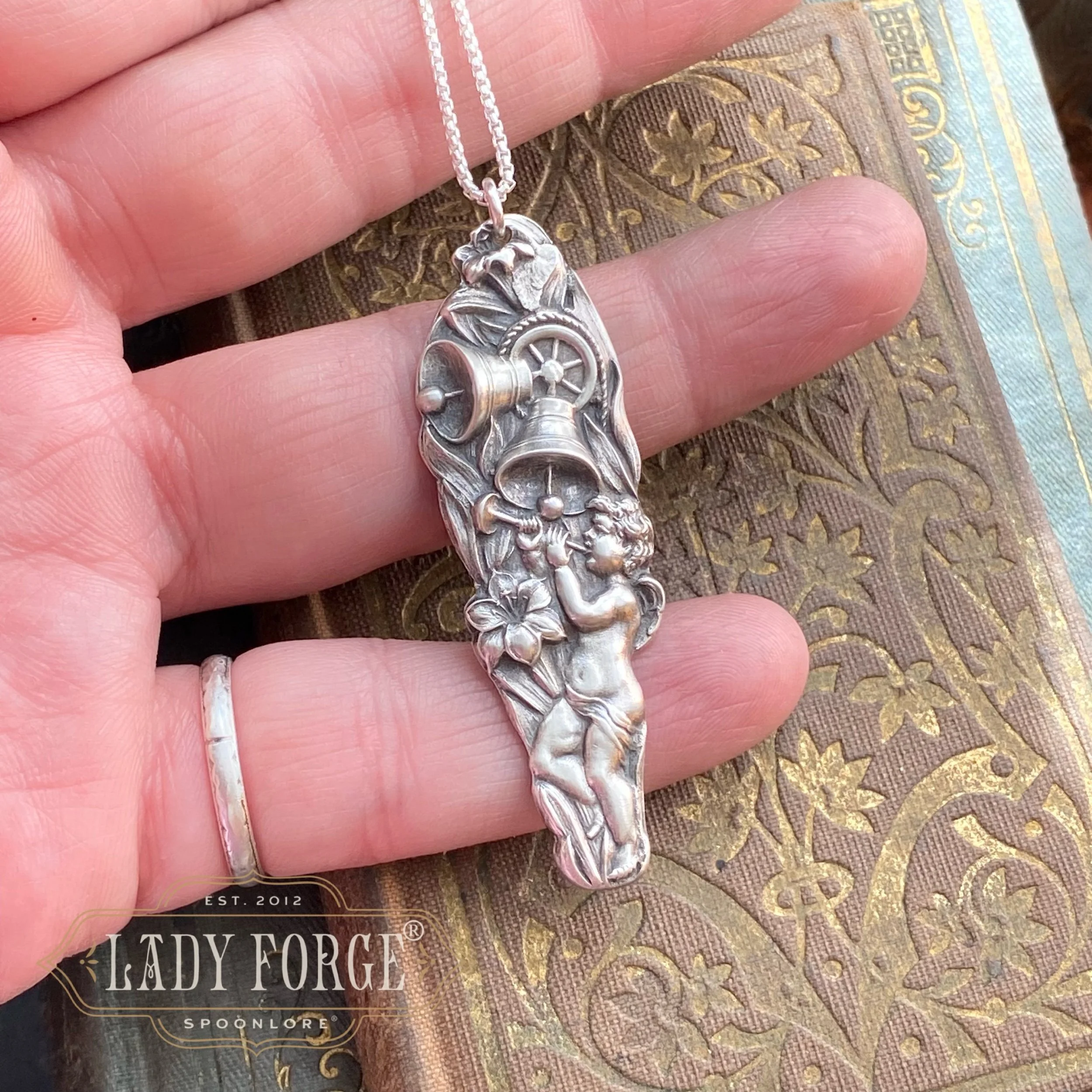 Sterling Spoon Necklace - Rejoicing Cherub - LadyForge Jewelry