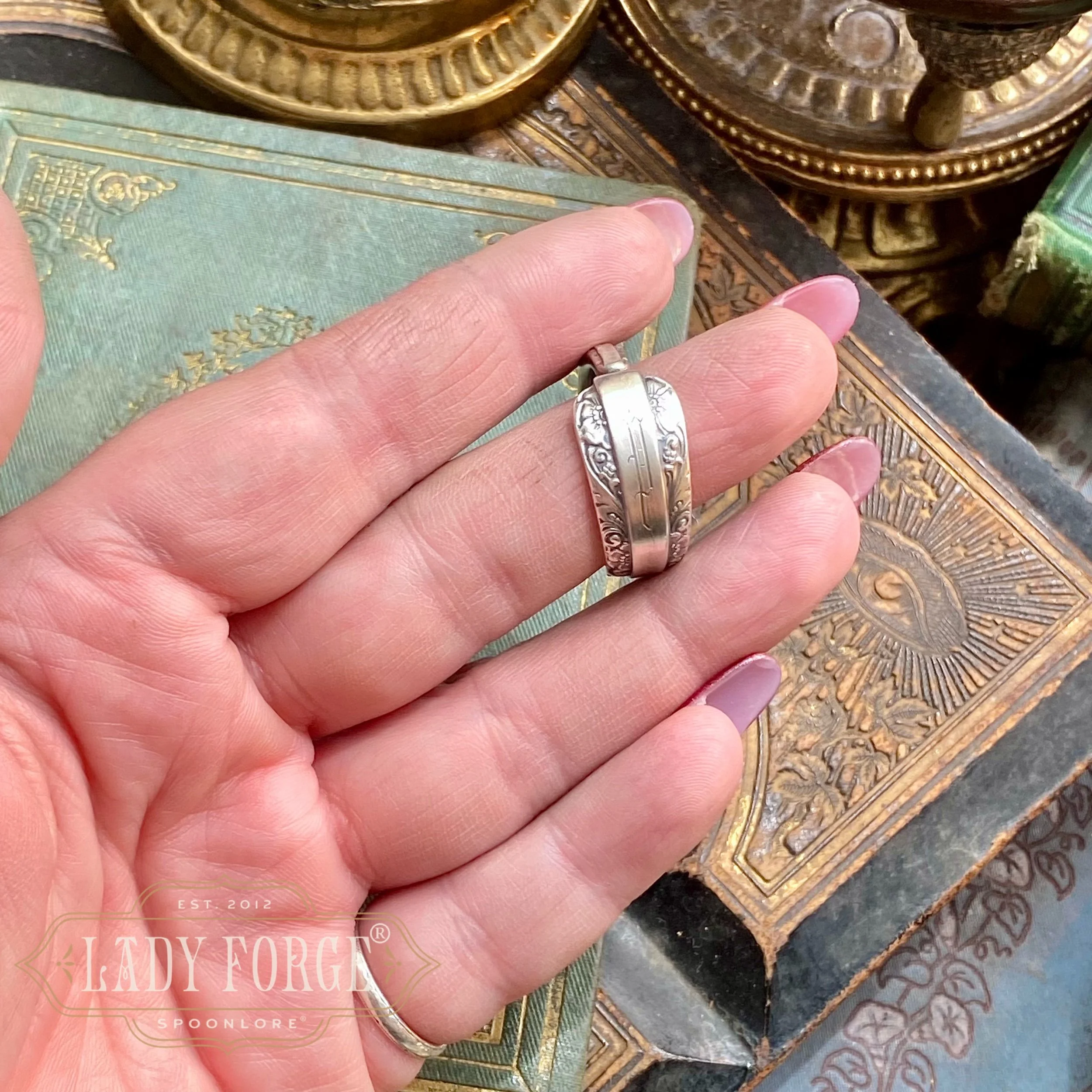 1934 Candlelight Monogram P Sterling Spoon Ring - LadyForge Jewelry