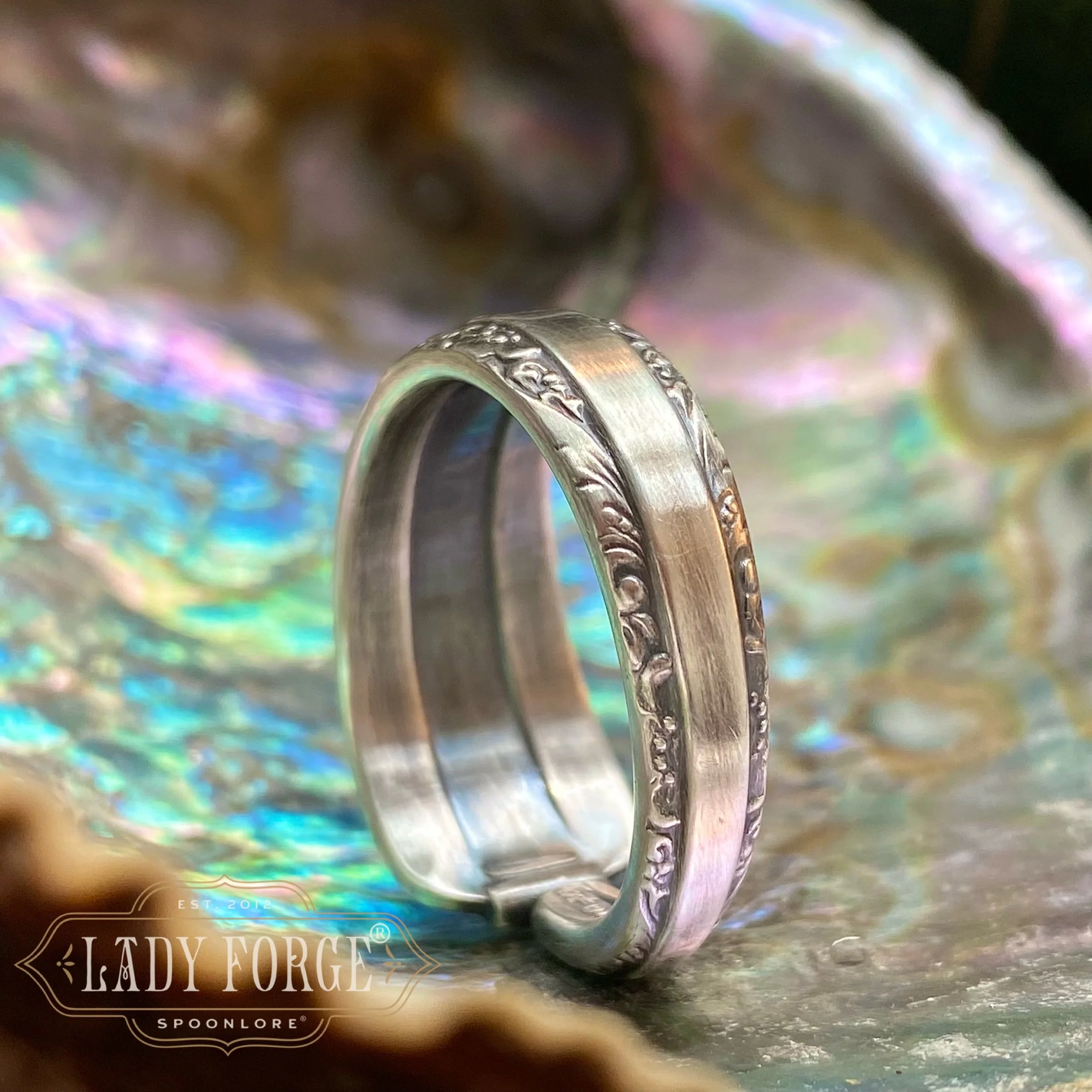 1934 Candlelight Monogram P Sterling Spoon Ring - LadyForge Jewelry