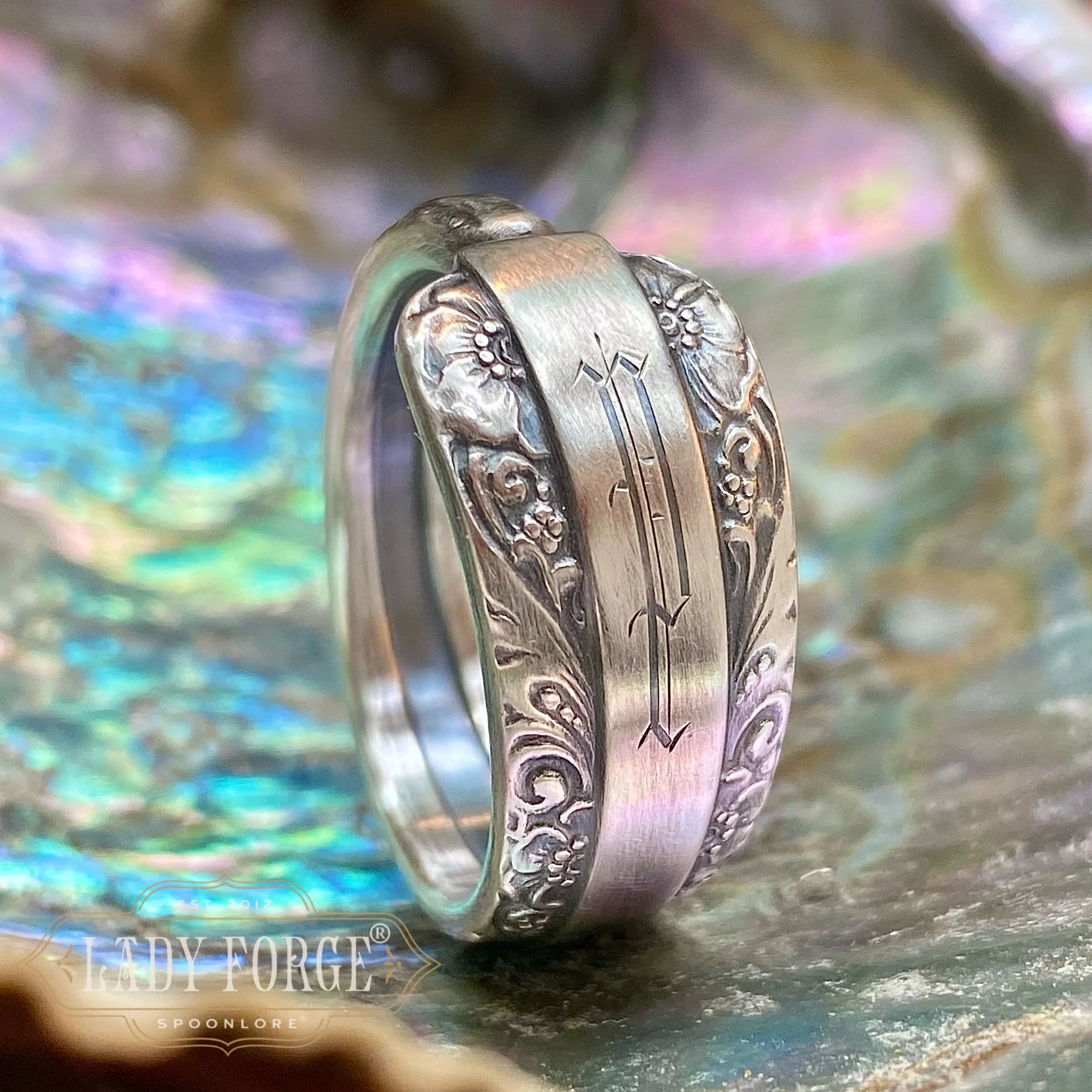 1934 Candlelight Monogram P Sterling Spoon Ring - LadyForge Jewelry