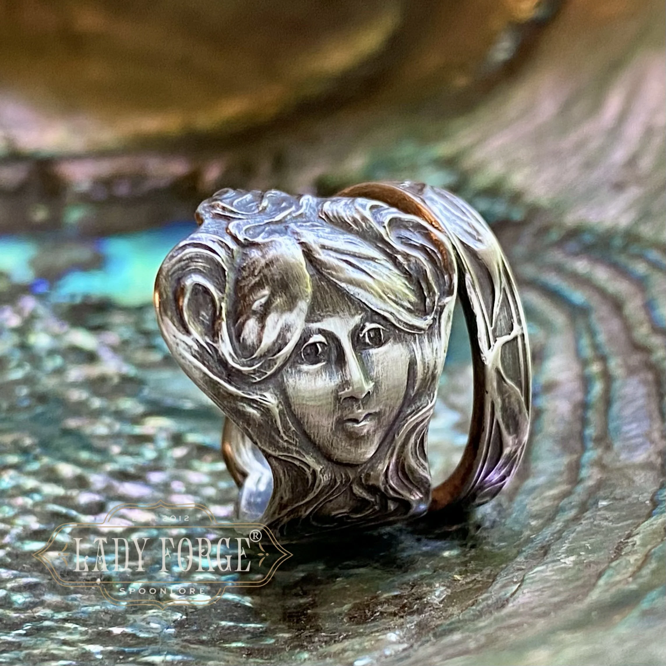 1900 Daphne Maiden Sterling Spoon Ring - LadyForge Jewelry
