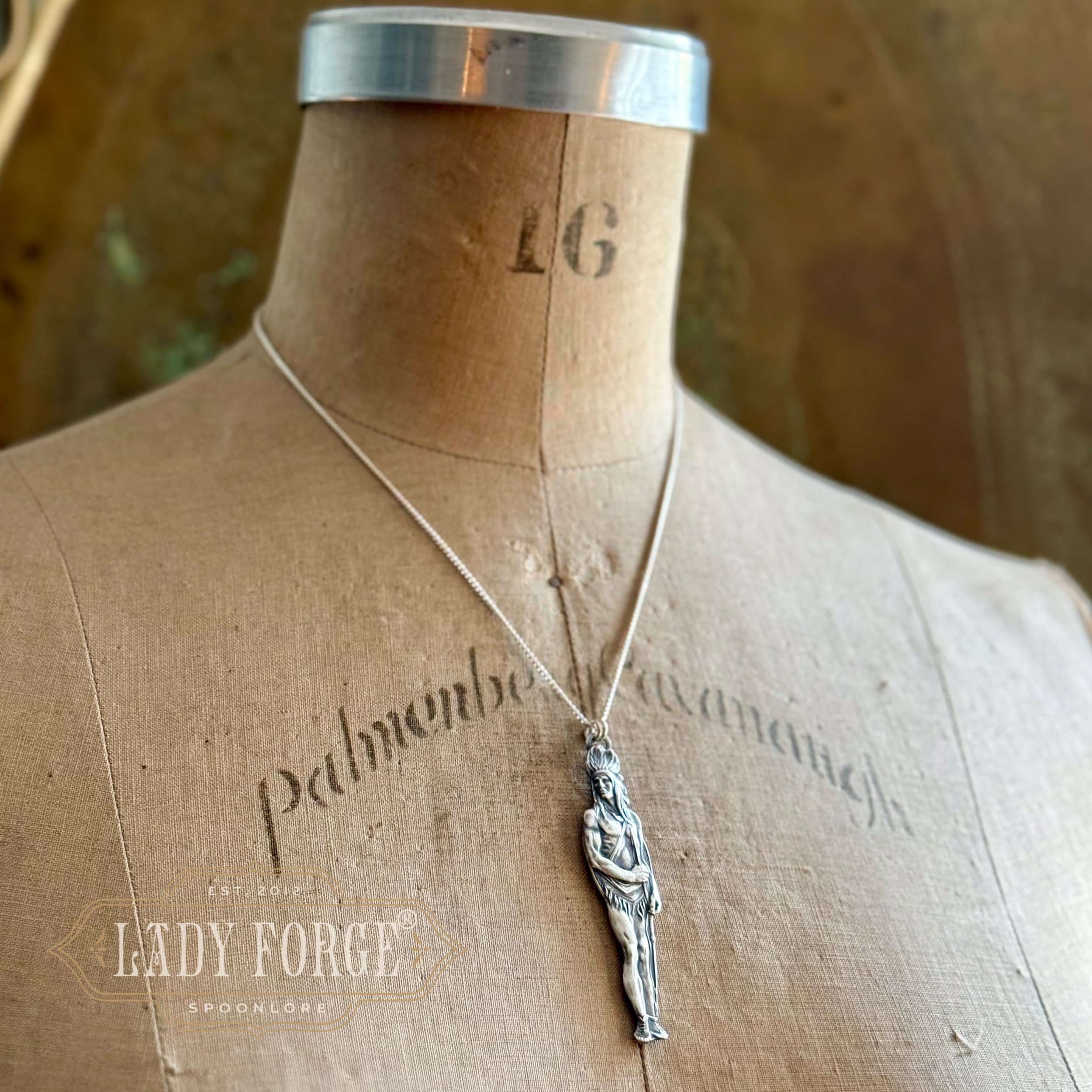 Sterling Spoon Necklace - Native Warrior - LadyForge Jewelry