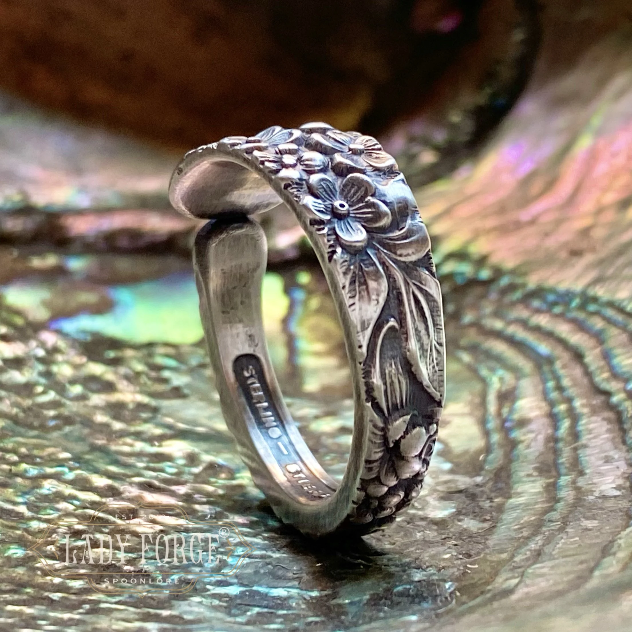 Narrow 1892 Rose Sterling Spoon Ring - LadyForge Jewelry