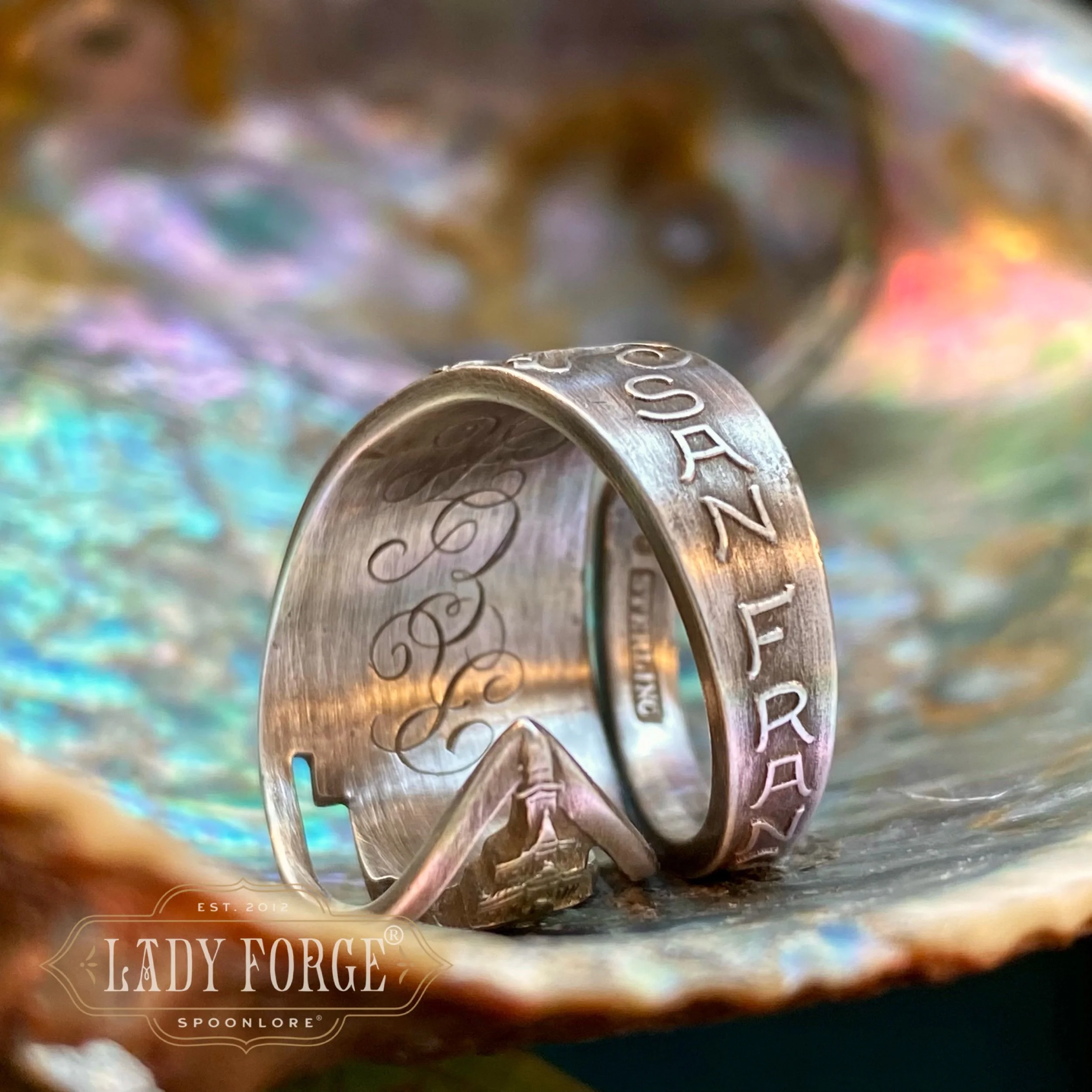 1915 Tower of Jewelry San Francisco Worlds Fair Sterling Spoon Ring - LadyForge Jewelry